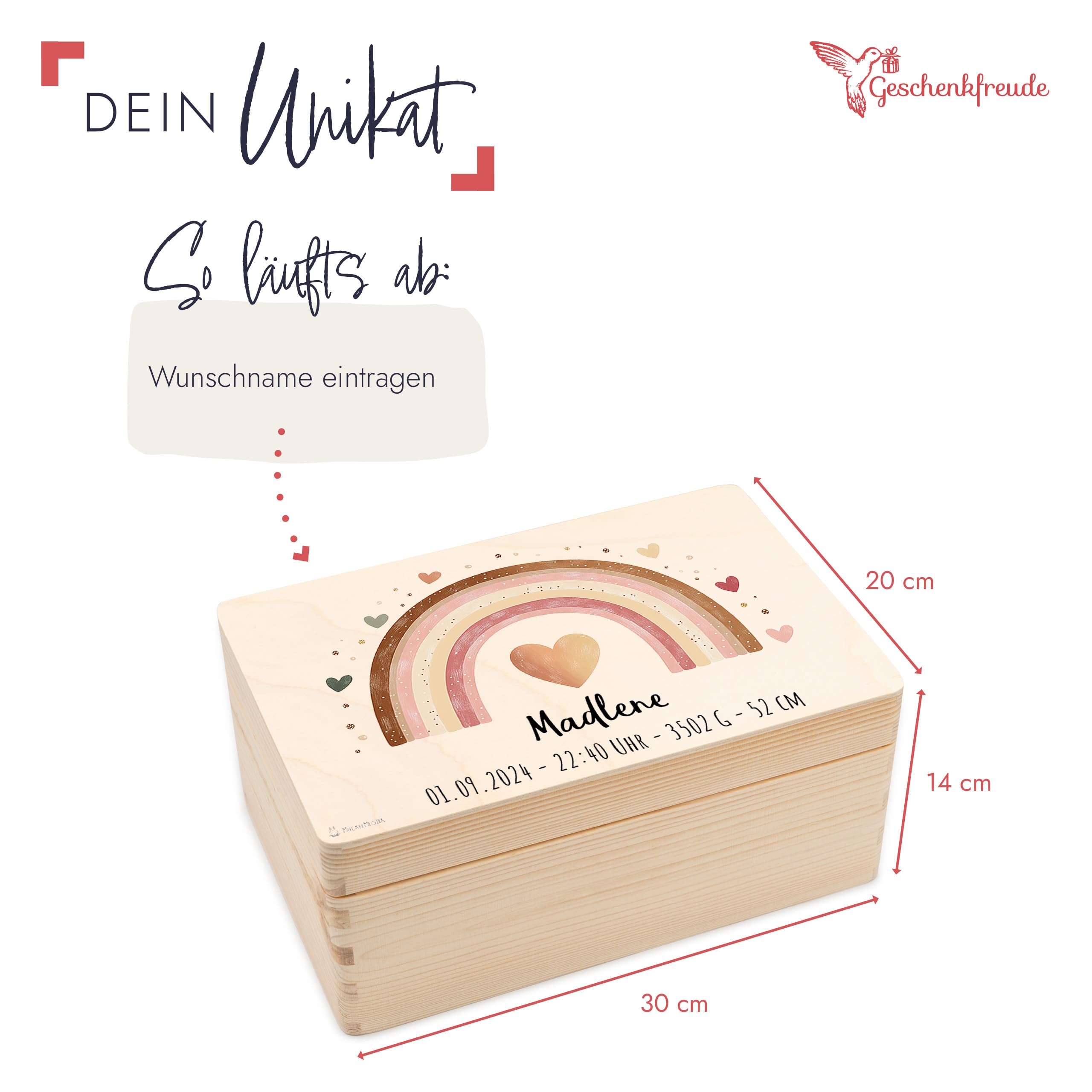 Baby Erinnerungsbox - tolle Holzkiste personalisiert Baby - 30 x 20 x 14 Holz - personalisierte Erinnerungskiste - Babybox Erinnerung - Taufgeschenk Mädchen - Boho Regenbogen