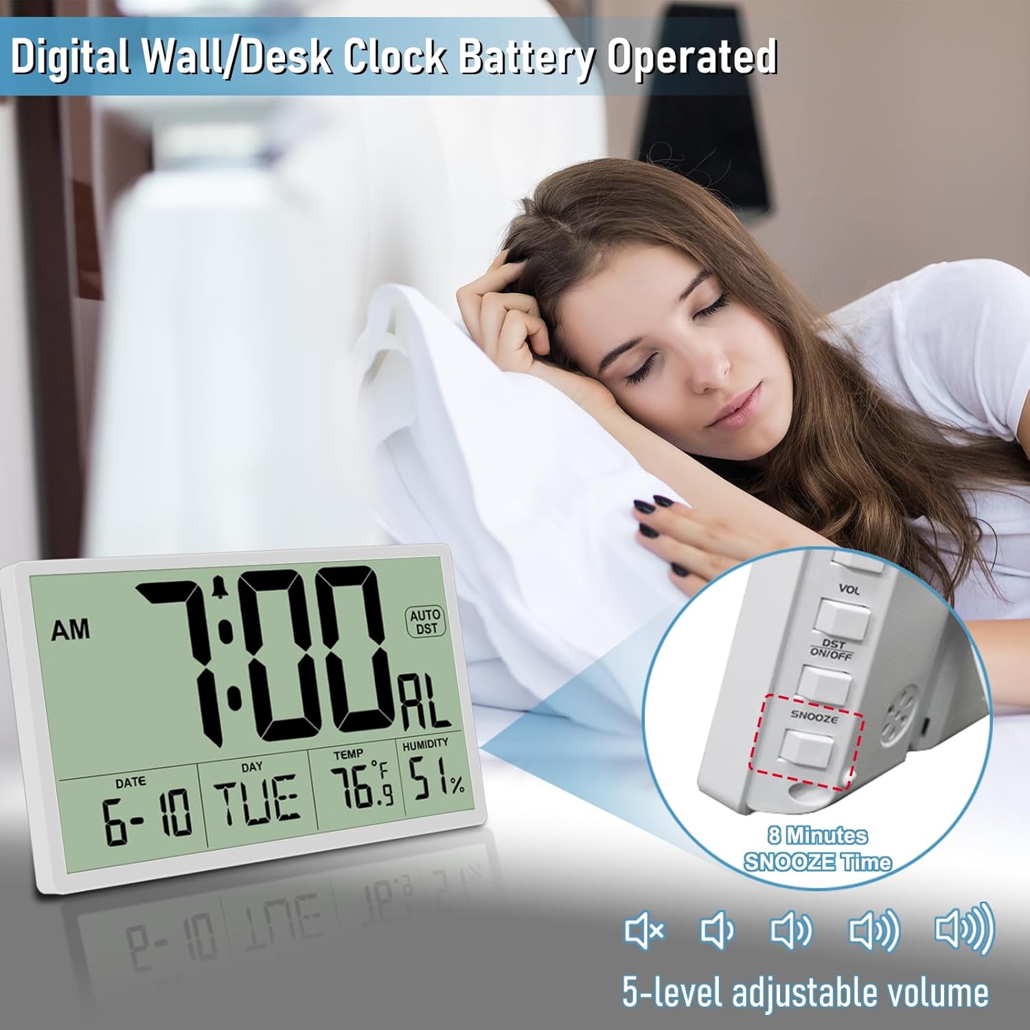9‘’ Narrow Bezels Battery Operated Digital Wall Clock with Temperature and Humidity - Auto DST, Large 2⅝'' Digits, 5-Level Volume Alarm (3 AA Included) - Wall Mount/Desktop for Office Bedroom Kitchen