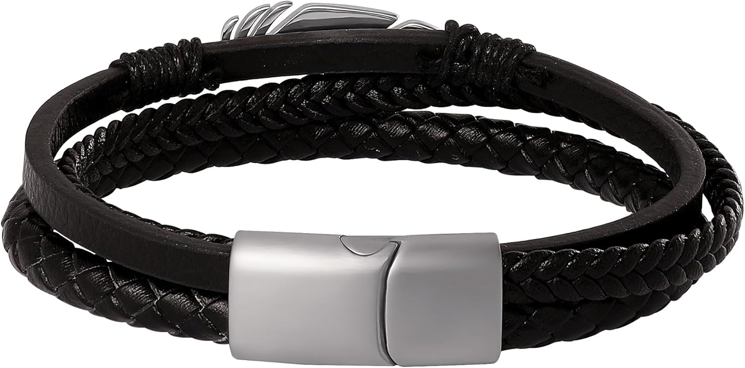 Lucky Brand 3-Row Black Bracelet for Men 8.5", Stainless Steel Feather Bracelet - Image 6