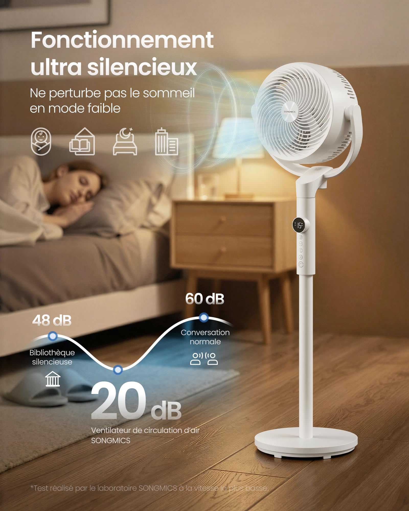SONGMICS Ventilateur sur Pied Silencieux 20 dB, avec Télécommande, Circulateur d’Air Puissant, Oscillation 120°+135°, 15 Vitesses, Minuterie 15 h, 3 Modes, Hauteur Réglable, Blanc Nuage XFC002W1EU - 5