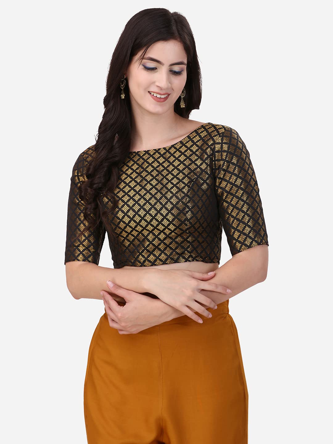Oomph Women's Indian Ethnic Wear Designer Square Leaf Pattern Boat Neck Half Sleeve Brocade Black Blouse For Saree Or Lehnga And Blousepalazzos Or Skirts For A Fusion Twist.