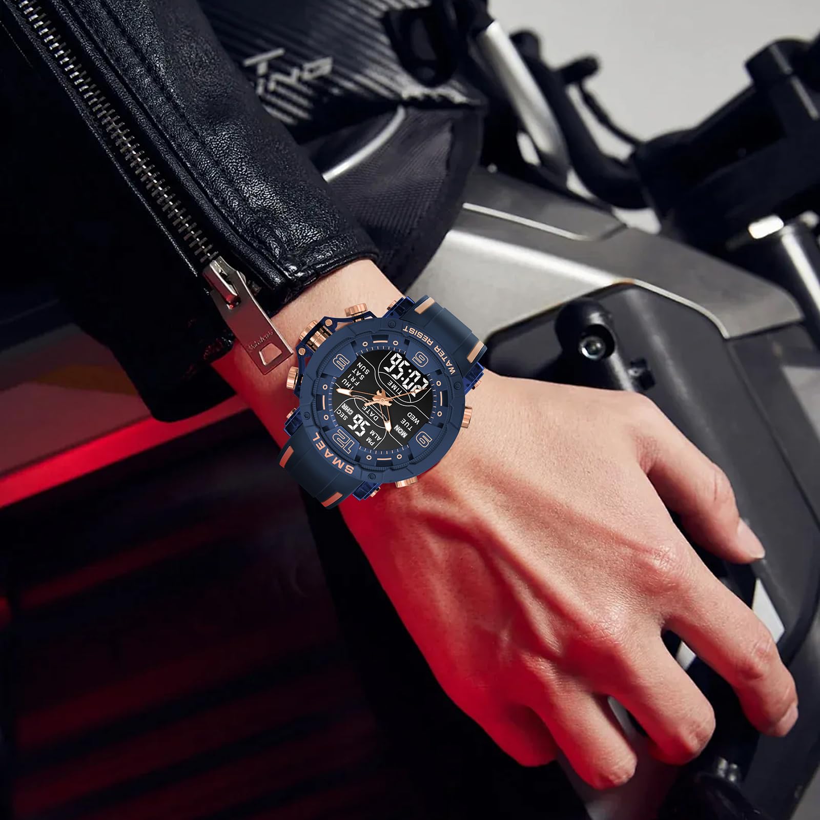 Gosasa Montre de sport analogique et numérique pour homme avec rétroéclairage LED, chronomètre, alarme, calendrier, heure 12/24 h, étanche jusqu'à 50 m, bracelet en silicone