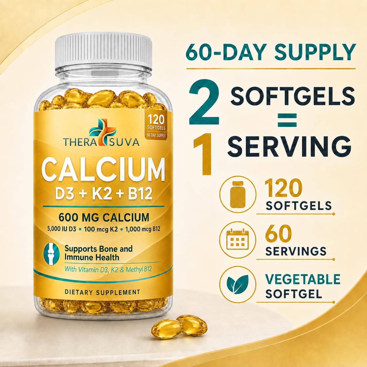 Extra Strength 4-in-1 Calcium 600mg + D3 + K2 + B12, 120 Veggie Softgels — Amazon image 3