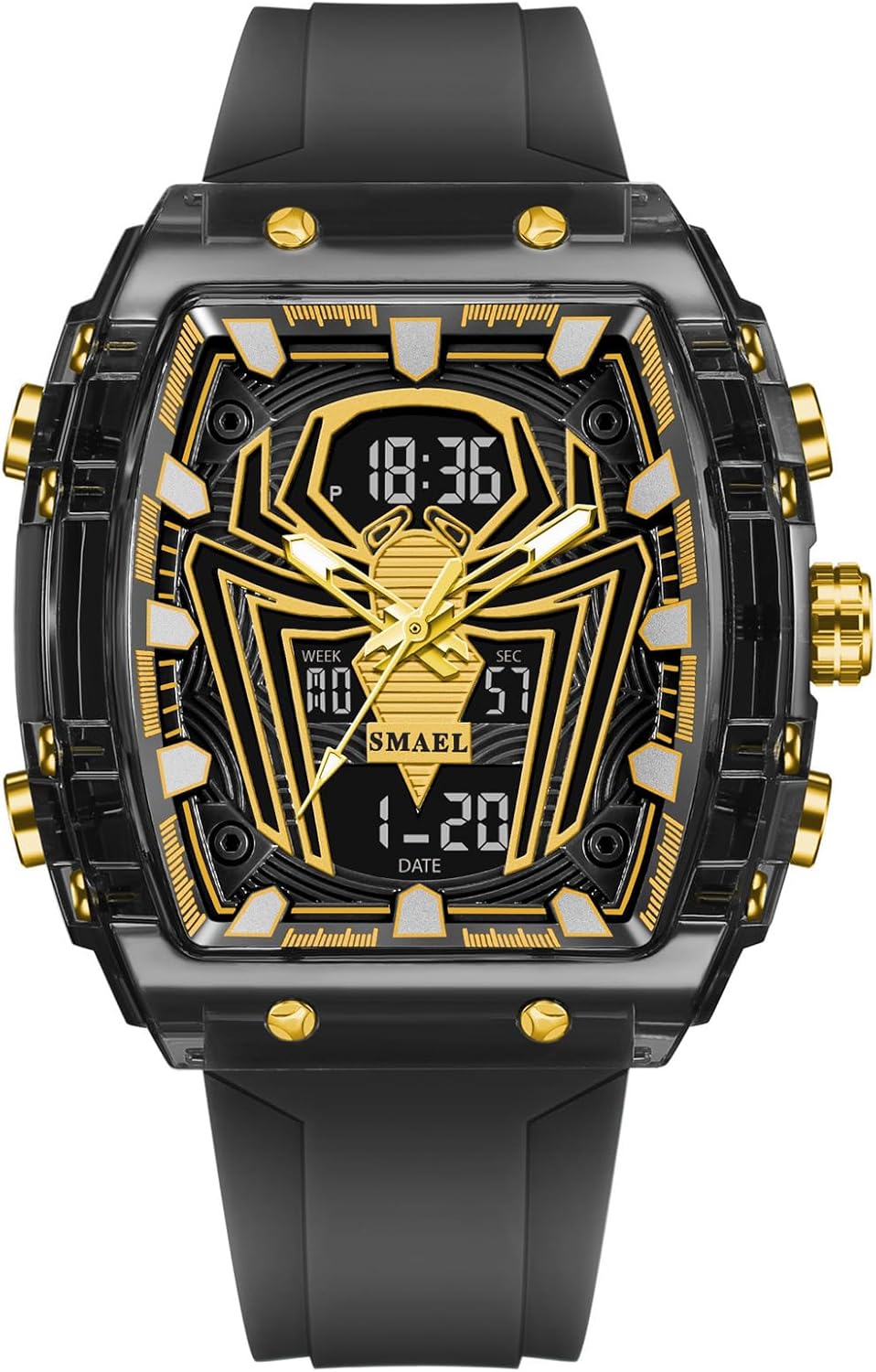 MASTOP Luxury Spider Man Watch Quartz Watch Large Face Digital Analog Dual Time Display Stopwatch Punk Cool Design Silicon Strap Wrist Watch for Men