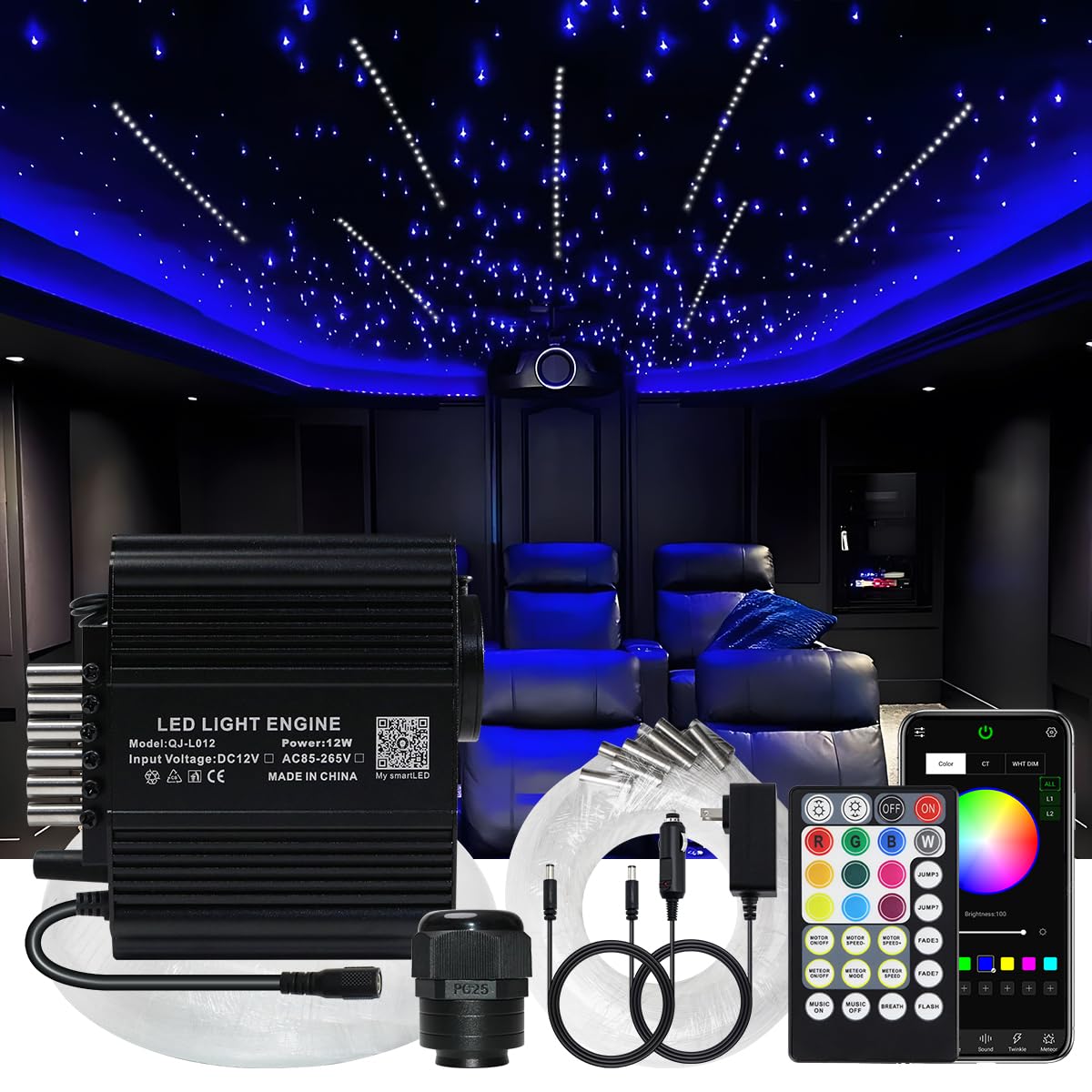 AKEPO 12W Twinkle+Meteor 2-in-1 Fiber Optic Lights, 600pcs*0.03in*13.1ft+240pcs Shooting Star Starlight Headliner Kit Car Home APP Control Sound Activated Fiber Optic Star Ceiling Kit