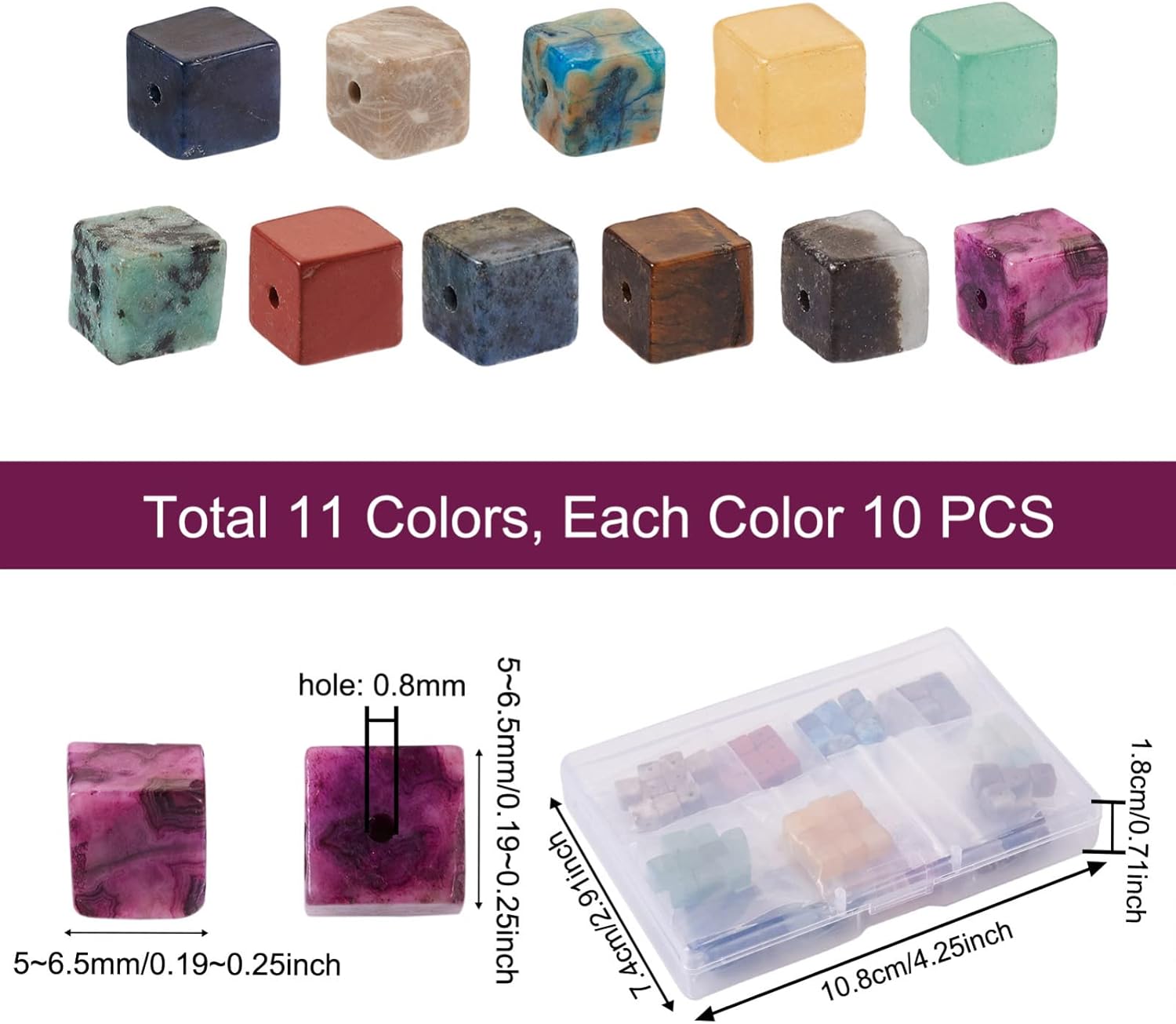 Craftdady 110Pcs 5.5-6.5mm Mixed Natural Gemstone Cube Beads 11 Styles Square Semi Precious Stone Beads Tiny Loose Healing Crystal Gemstone Spacer Beads for Jewelry Making