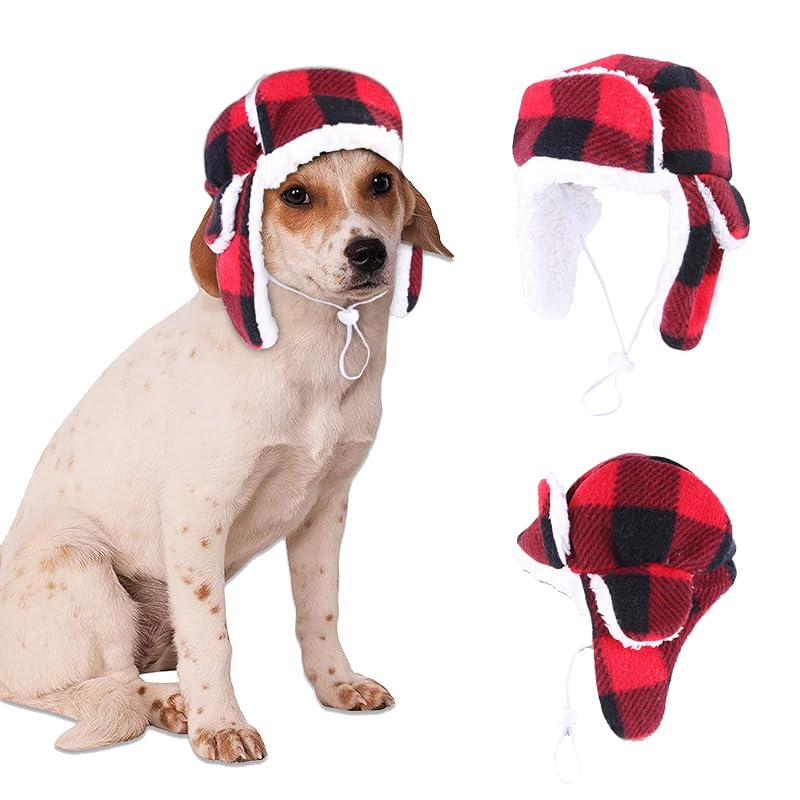 Chapéu Ushanka para Cães com Abas para as Orelhas e Estampa Xadrez, Lopsity, RED
