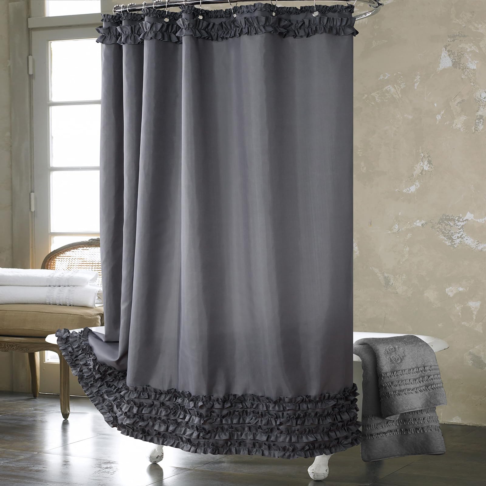 BESTRIPES Ruffle Shower Curtain, Grey Long Stall Fabric Shower Curtain with Handmade Ruffles, Farmhouse Chic Bath Small Curtains, 54" W x 78" H