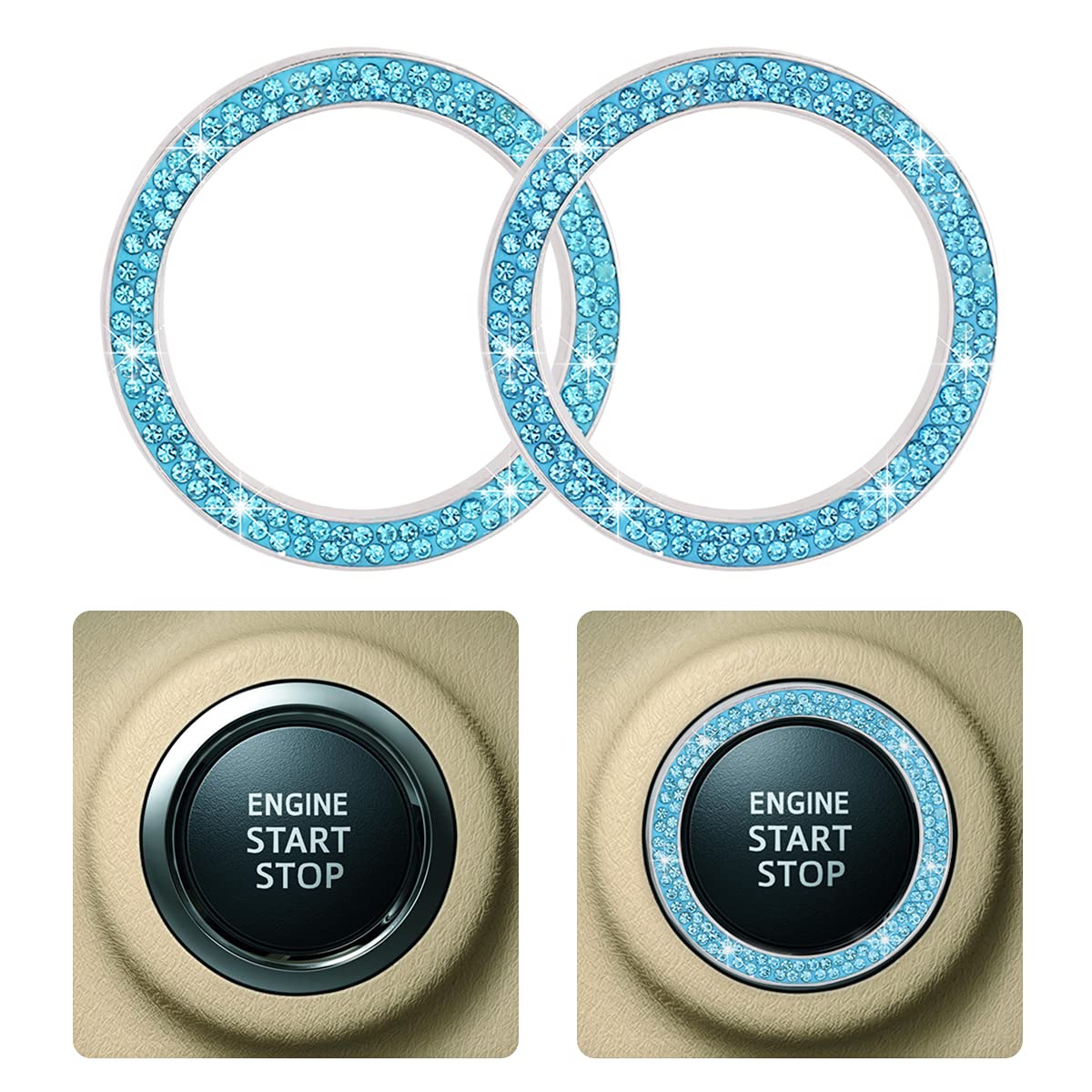 2 PCS Crystal Rhinestone Car Engine Start Stop Decoration Ring, Car Bling Ring Crystal Car Stickers Rings Womens Car Decals, Key Ignition Starter & Knob Ring (Blue/Double Ring)