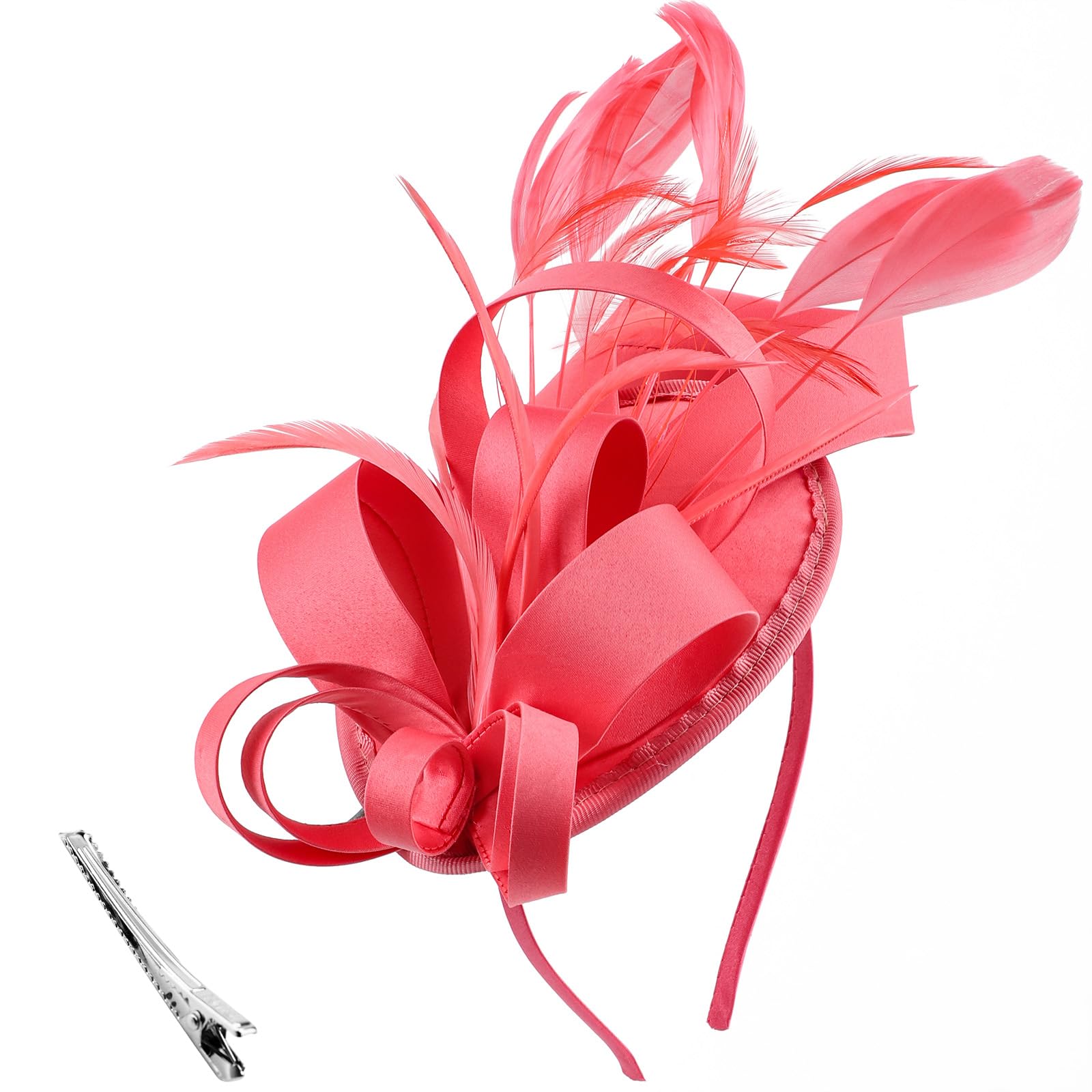 DRESHOW Fascinators Hat Ribbons Feathers on a Headband Clip Cocktail Tea Party Headwear for Girls and Women