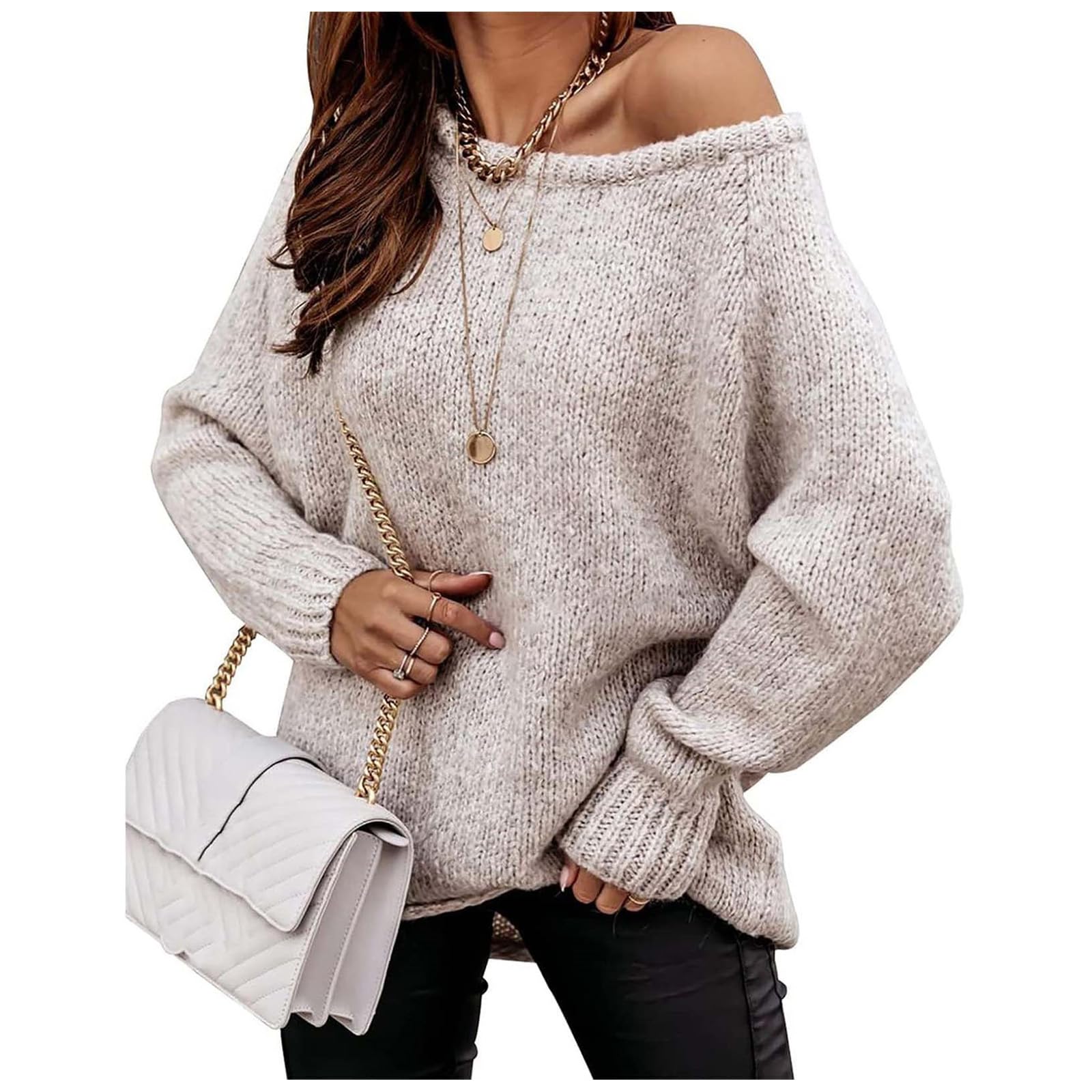 Womens Off The Shoulder Sweaters Oversized Long Sleeve Pullover Sweater Soft Ribbed Knit Sweaters Winter Outerwear