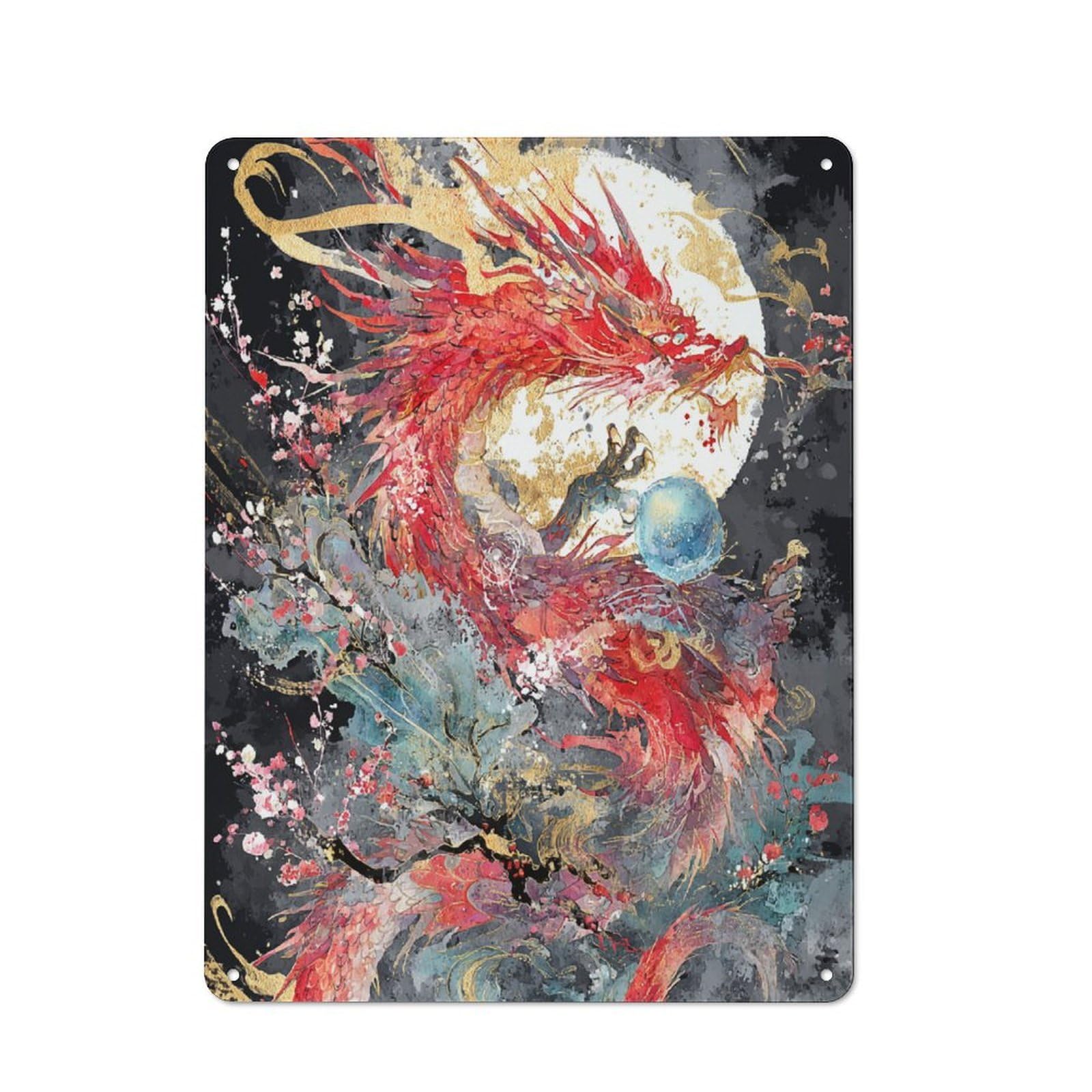 Junmoney Dragon's Moonlit Dance Metal Plaque 40X30cm With For Garage Wall, Rustic Decor, For Vintage Wall Decor Fans, For Themed Room Decoration
