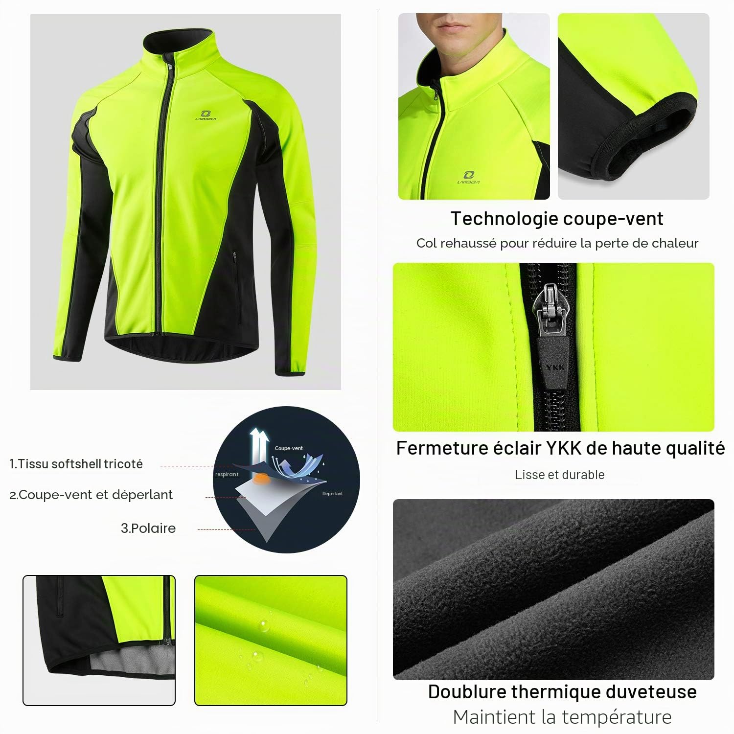 LAMEDA Veste Homme Hiver Chaud Blouson Homme Impermeable Manteau Homme Hiver Coupe-vent pour Randonné, Travail, Cyclisme, Velo, VTT, Running, Excercice, Alpinisme Noir&Vert