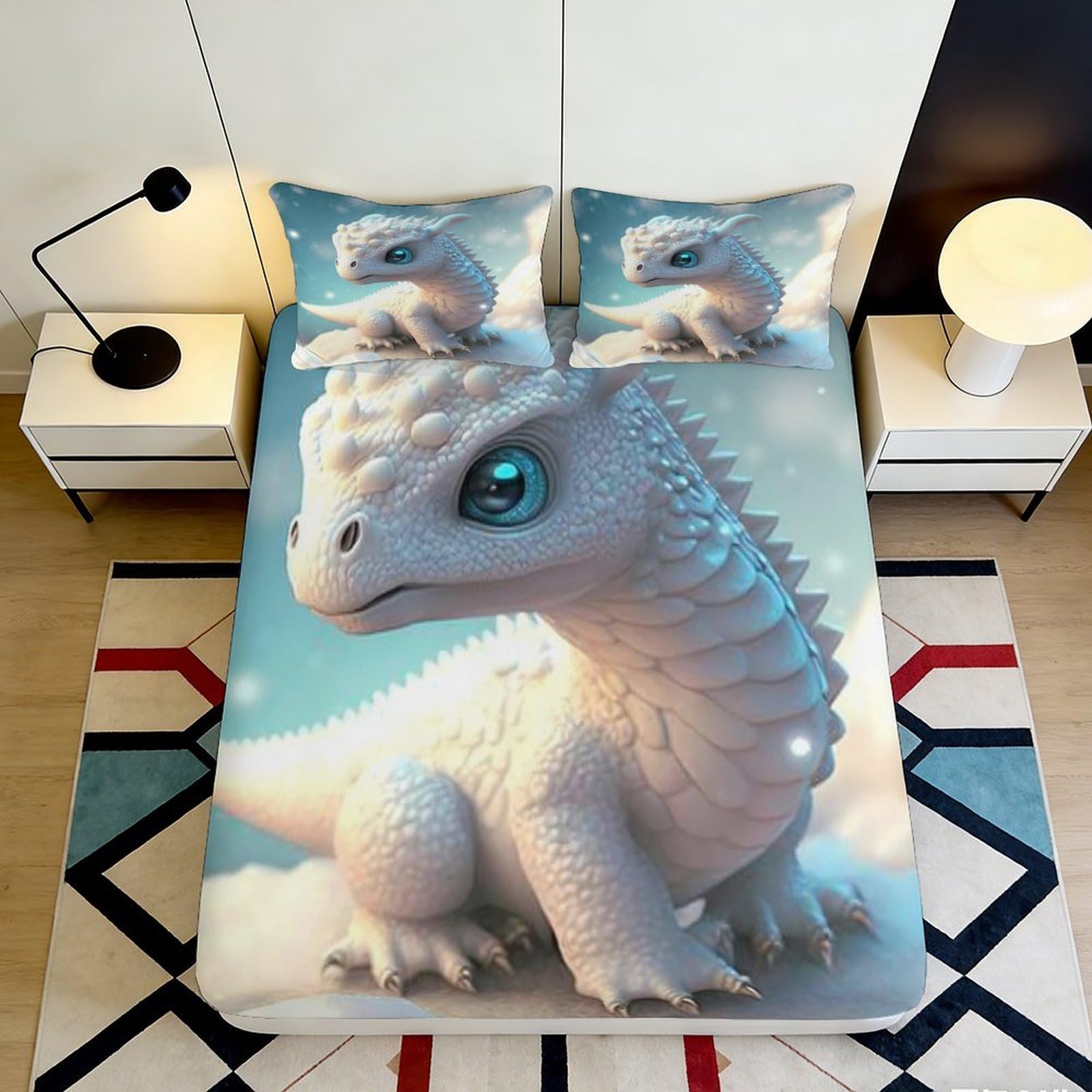 3D Printed White Dragon Fitted Sheet Microfiber Soft Breathable Fantasy Creature Bed Cover for Bedroom Dorm Decor 90x200x25cm