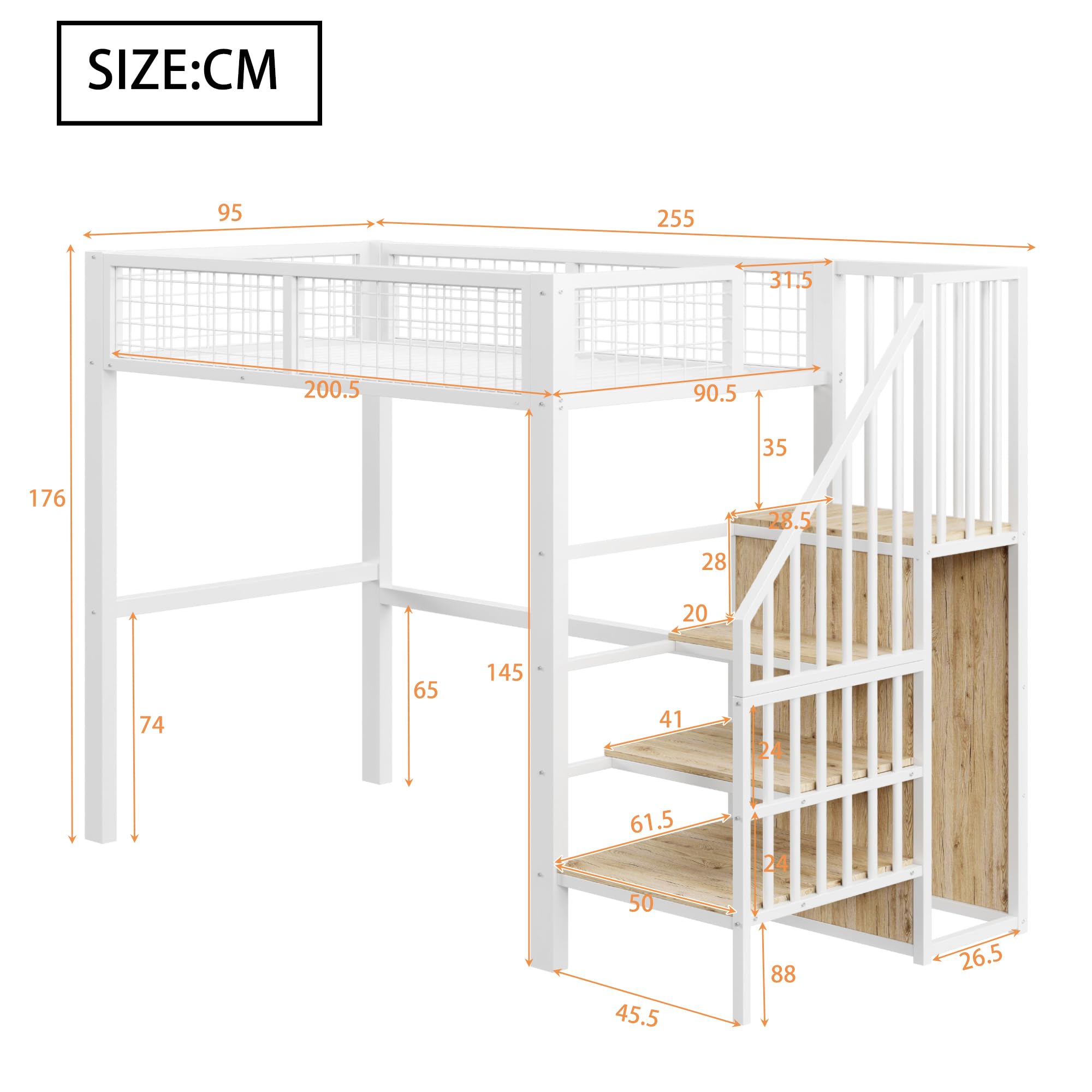 Hochbett 90x200 cm mit Schrank und Stauraum, Metallbett mit Treppe, Ablageflächen und integriertem Regal, Etagenbett für Kinder, Jugendliche und Erwachsene, Weiß
