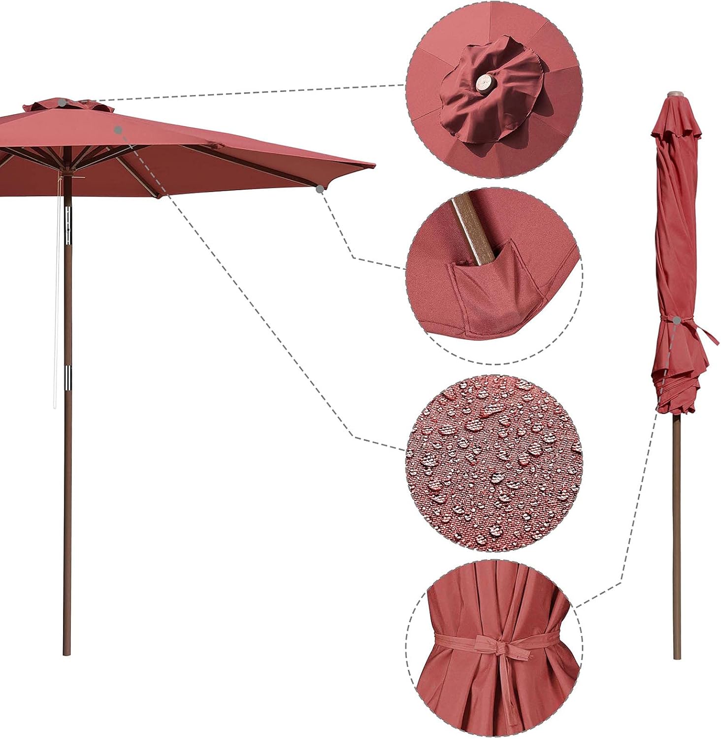 Umbrellas 9FT Wooden Outdoor Patio Table Market Pool Parasol Waterproof Anti-UV Polyester Cloth with 8 Sturdy Ribs Adjustable Tilt Backyard Deck Table Garden Parasol Sunshade