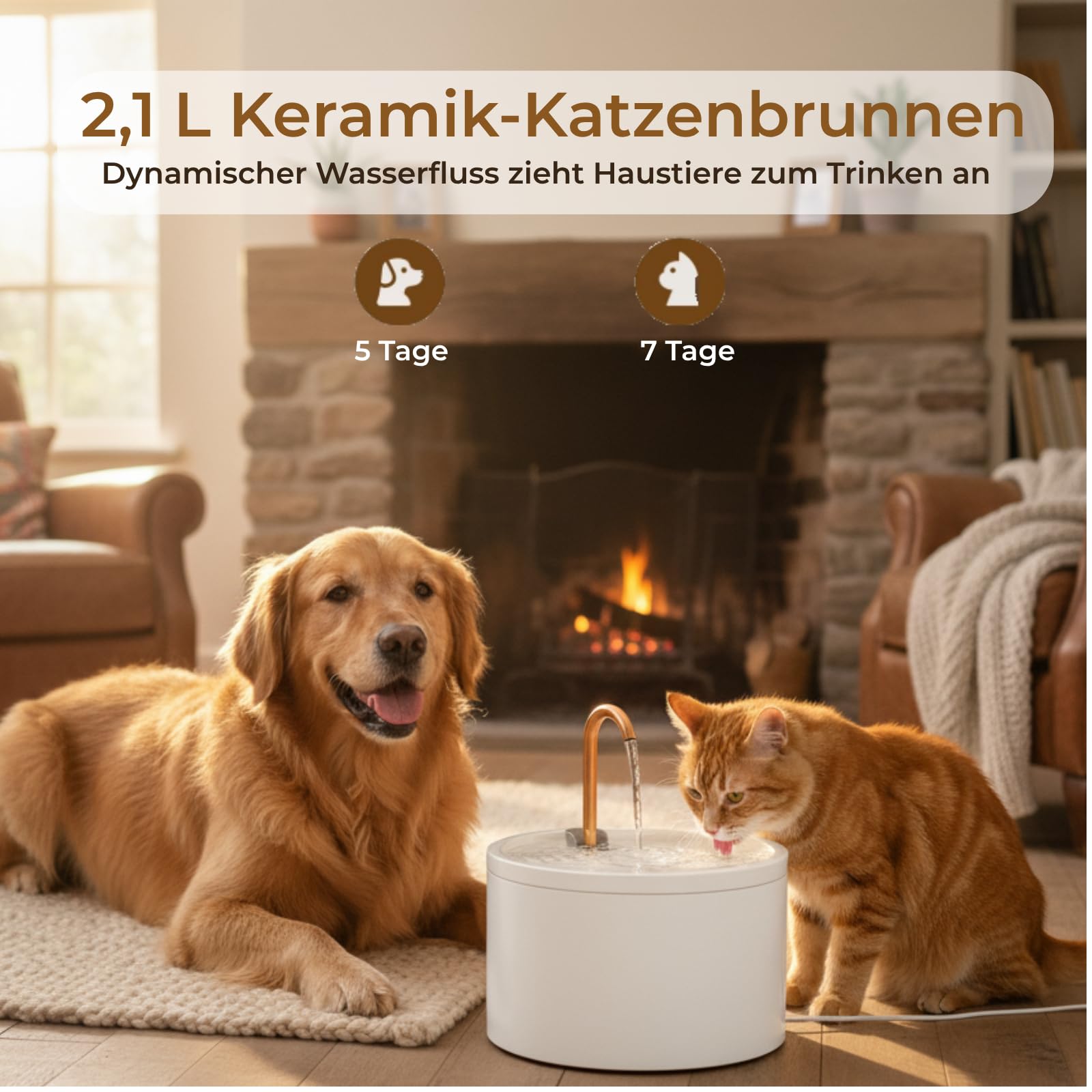MISFANS Katzenbrunnen Keramik, Trinkbrunnen für Katze 2.1L, Leiser Wasserspender Katzen, Hygienischer Pet-Brunnen mit Filtersystem, Für Mehrkatzenhaushalte, Einfache Reinigung, Weiß