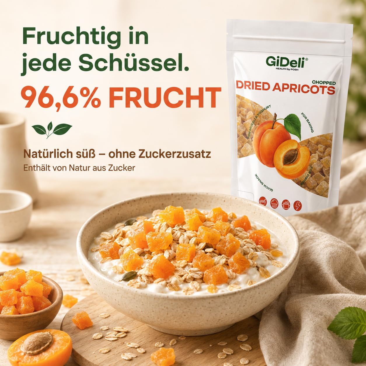 GiDeli Getrocknete Aprikosen 4X5kg Gewürfelt Ohne Zuckerzusatz Für Müsli | hoher Fruchtanteil, klebt nicht dank Reismehl, direkt einsatzbereit, ideal für Müsli, Joghurt und zum Backen