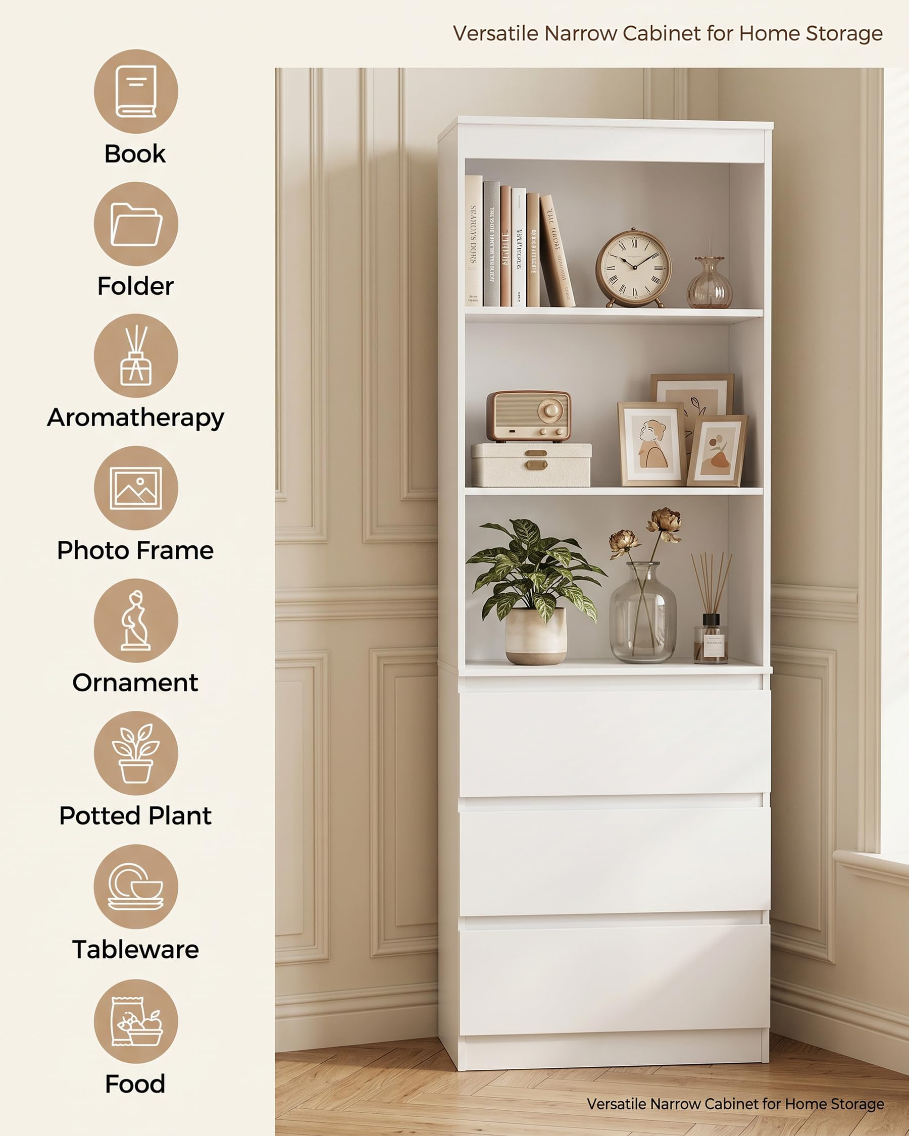 hitsuki Mueble Blanco con Cajones Estantería 60x32x180cm Libreria Alta para Salón Dormitorio Oficina Almacenaje Vertical