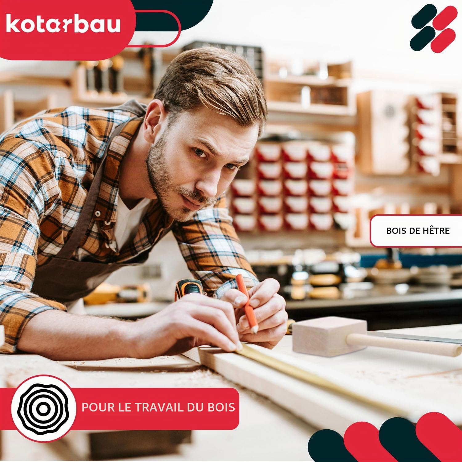Kotarbau® - Marteau de menuisier - En bois de hêtre - Rectangulaire
