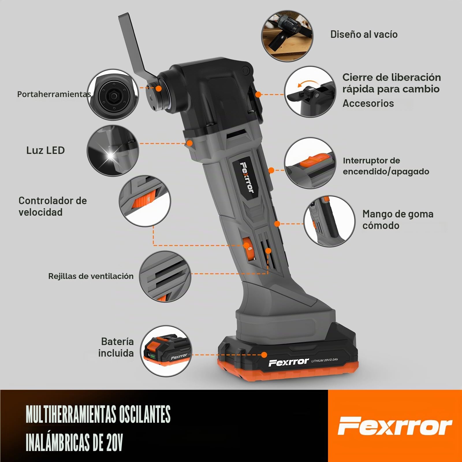 Multiherramienta Oscilante 20V, Herramienta Multifunción a Batería de 6 Velocidades, 8000-19000 RPM, Con Batería y Cargador, 24 Accesorios, Herramientas Oscilantes Para Serrar, Cortar, Lijar