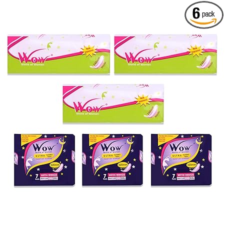 WOW Combo of Ultra Jumbo Nighter 320MM XXL & Regular Straight 240MM Sanitary Pads/Napkins for Women Ultra Thin Dry Coverage Organic and Rashes Free Disposable Pads- Pack of 6 (42 Pads)