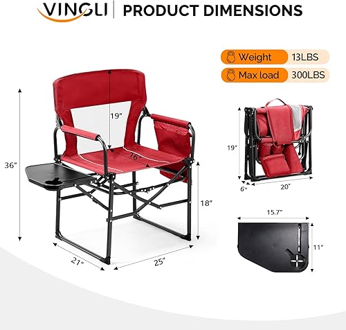 Miniatura 6 de VINGLI Sillas de campamento, silla de director, silla de camping con mesa auxiliar y bolsa de transporte, sillas de campamento resistentes para