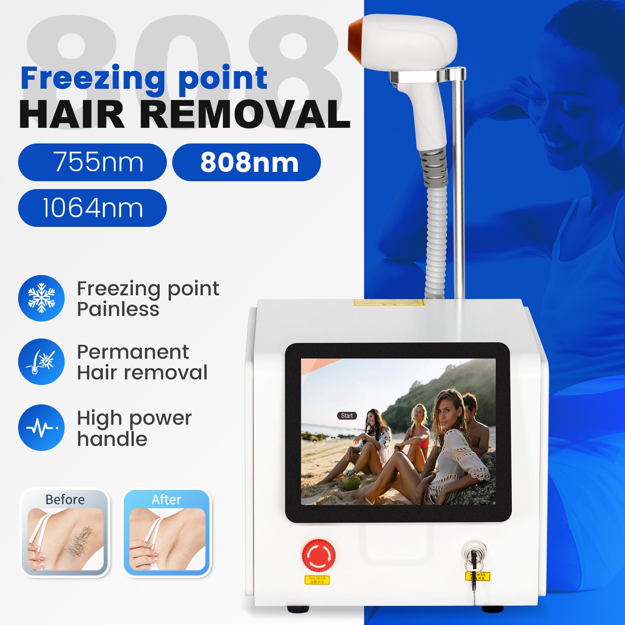 10 Bars, Depilatore Laser 808nm Professionale per Uso Domestico con Tecnologia Ice Cooling - Rimozione Permanente dei Peli, Indolore, 755nm+808nm+1064nm, per Viso, Corpo