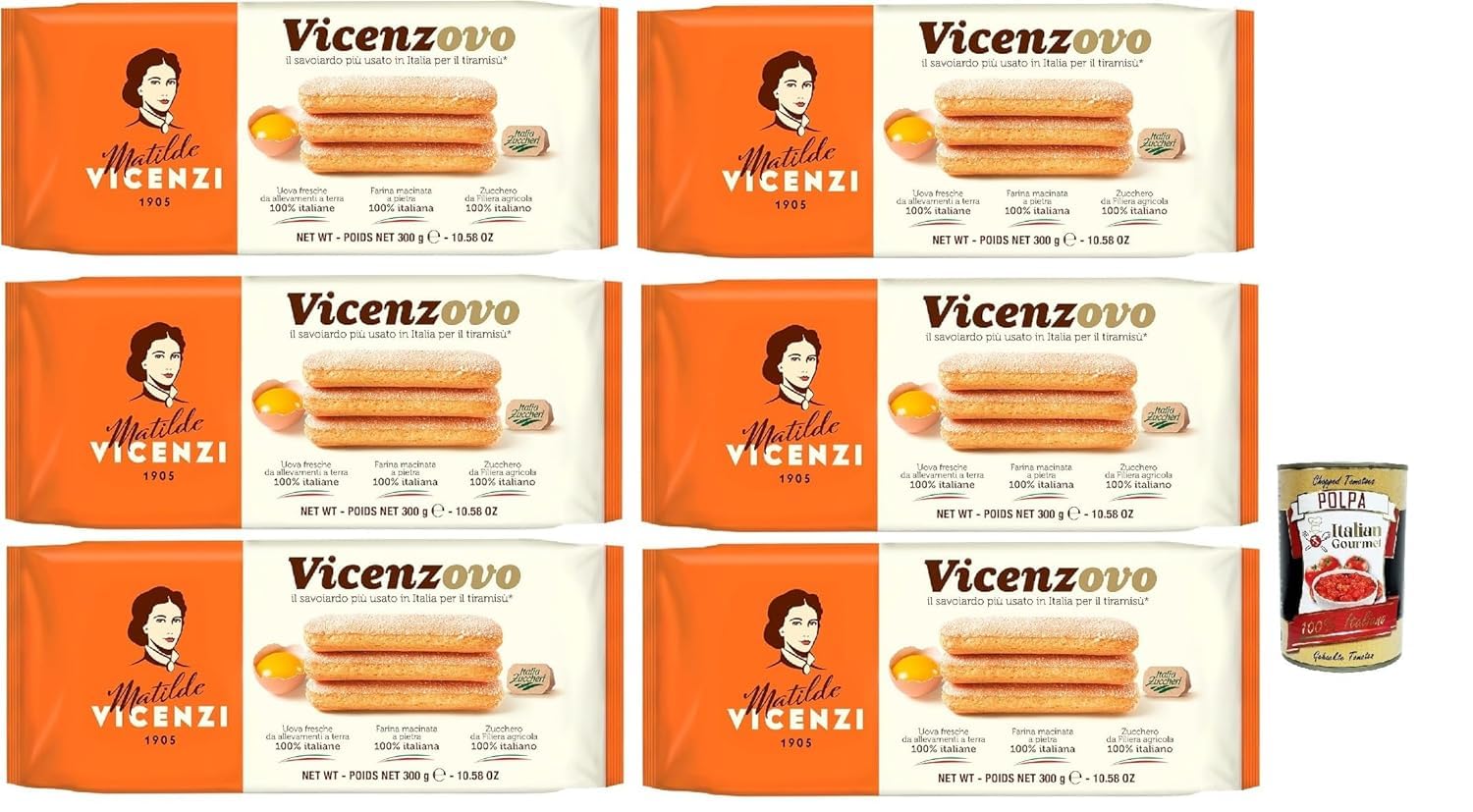 Italian Gourmet Bundle Vicenzovo, 6 x 300 g biscuits cuillère pour tiramisu savoiardi pâtisserie italienne œufs frais farine italienne sucre italien format 1,8 kg + Italian Gourmet Polpa