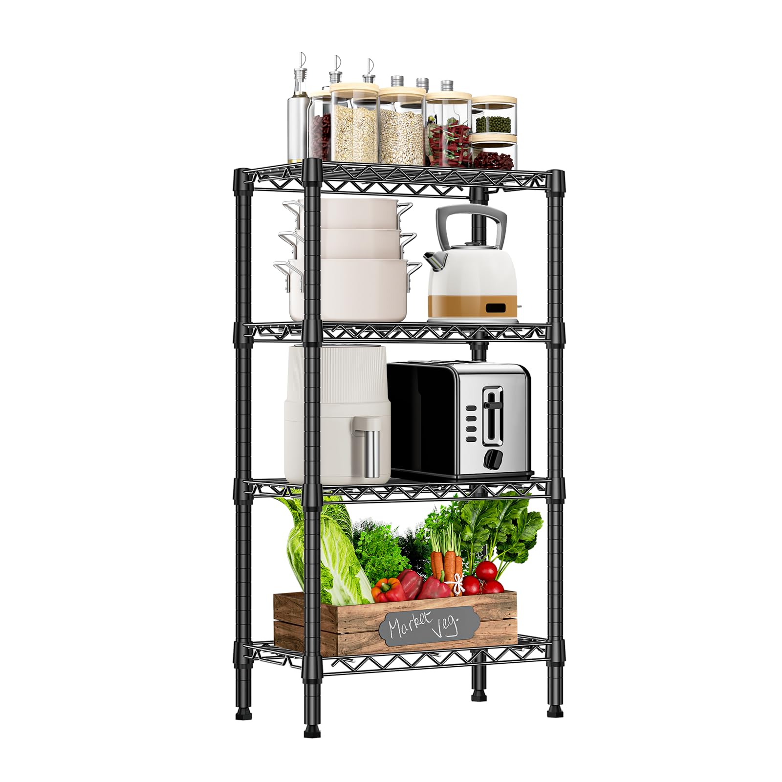 M MZG 4-stöckiges Regal, Metallregale, Drahtregal, Schrank-Organizer mit PP-Platte für Garage, Küche, Bad, Wäsche 454 Kg Maximale Tragkraft Schwarz, 30 x 55 x 100,3 cm