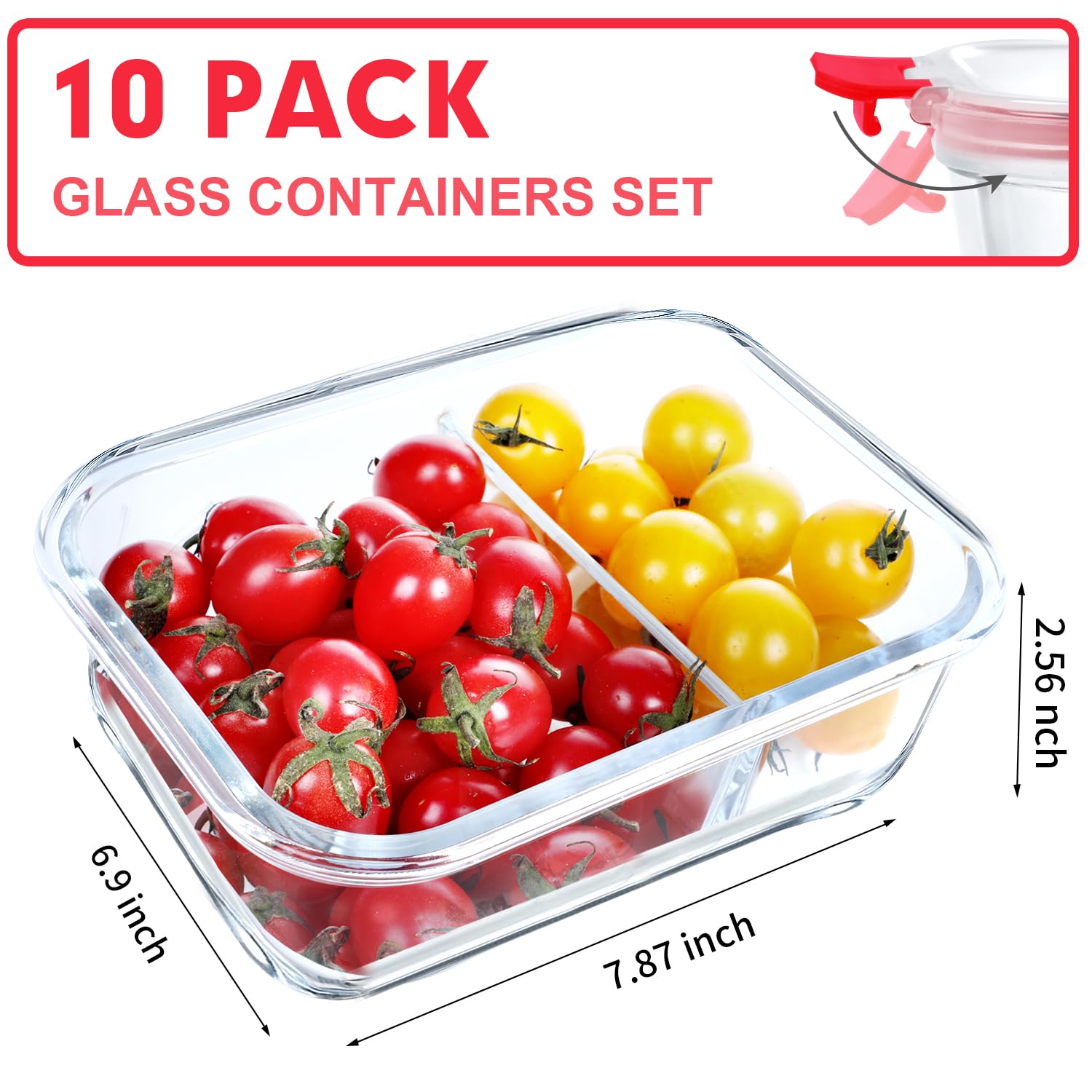VERONES Confezione da 10 contenitori in vetro per la preparazione dei pasti a 2 scomparti, contenitori ermetici per il pranzo, in vetro con coperchio, adatti a microonde, forno, congelatore e