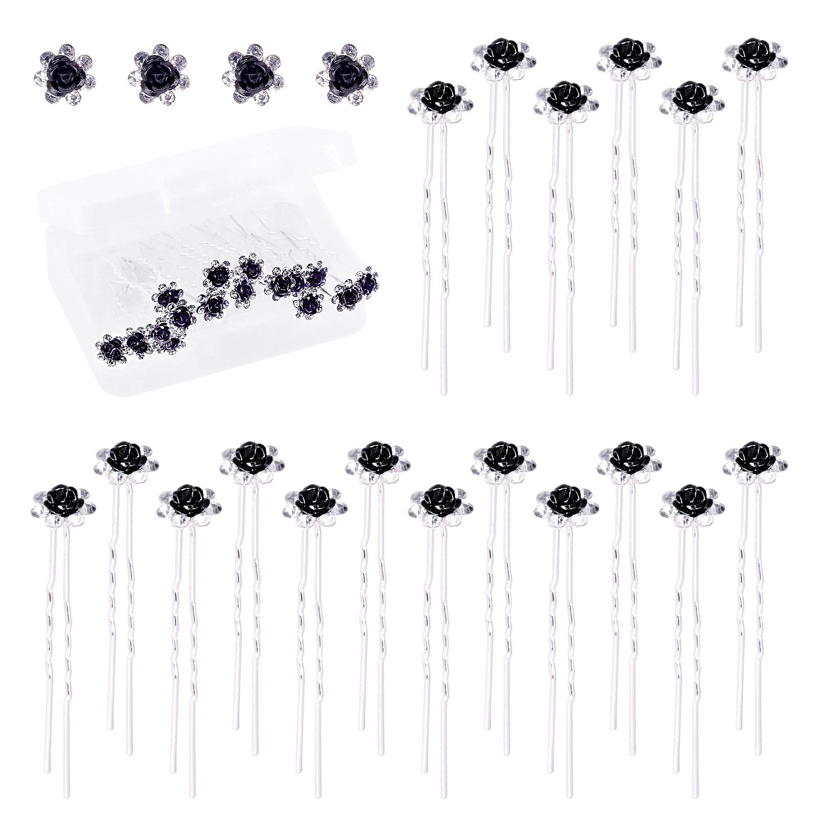 Swpeet 40Pcs Black U-Shaped Crystal Hair Pins Rose Flower Rhinestone Hair Clips Hair Accessories for Bridal Wedding Women Hair Jewelry Accessories, with Storage Bag