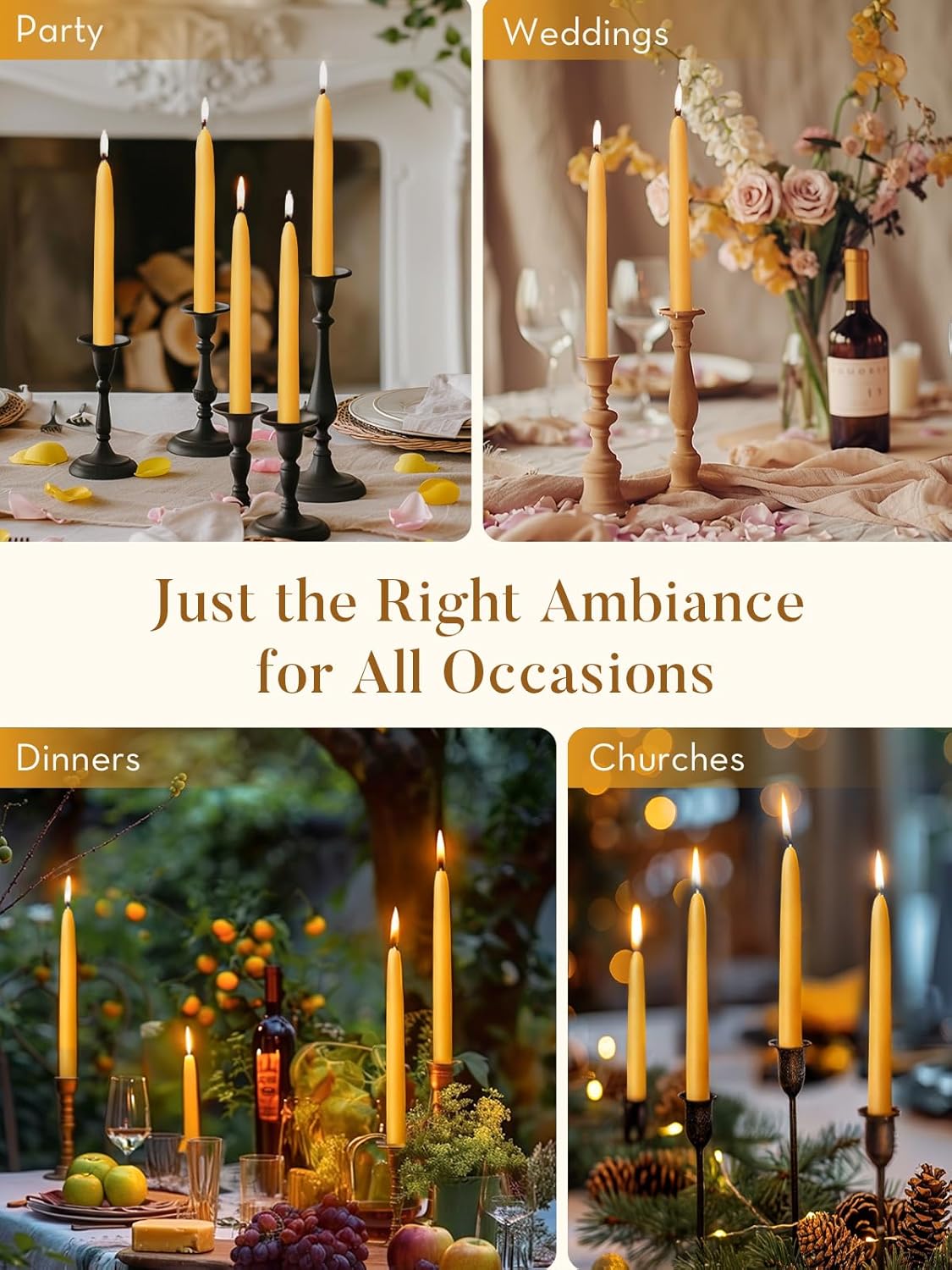 24 Pack Beeswax Taper Candles, 8 Inch Natural Beeswax Candles Unscented and Smokeless, 8 Hours Long Burning Yellow Candle Sticks for Dinner, Wedding, Party, and Home Decor