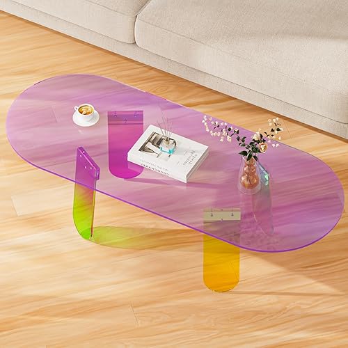 Miniatura 6 de Mesa auxiliar acrílica, mesa iridiscente extra larga de 47.2 pulgadas con alfombrilla de PVC, mesa auxiliar para sala de estar, mesa auxiliar