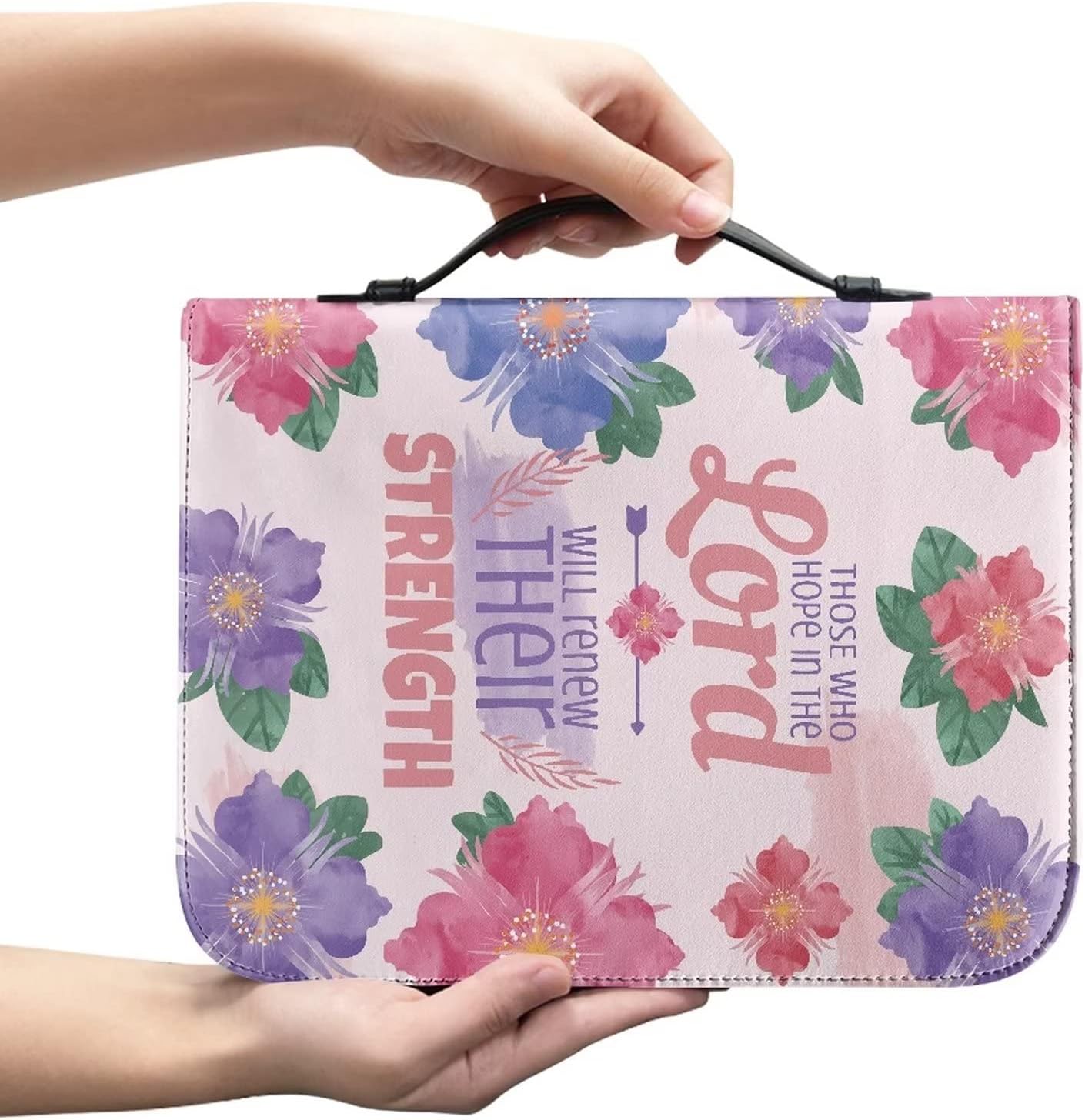 COEQINE Pink Leather Bible Cover with Handles for Women, Flower Print Church Bag with Multi-Functional Phone Pencil Pocket Size M