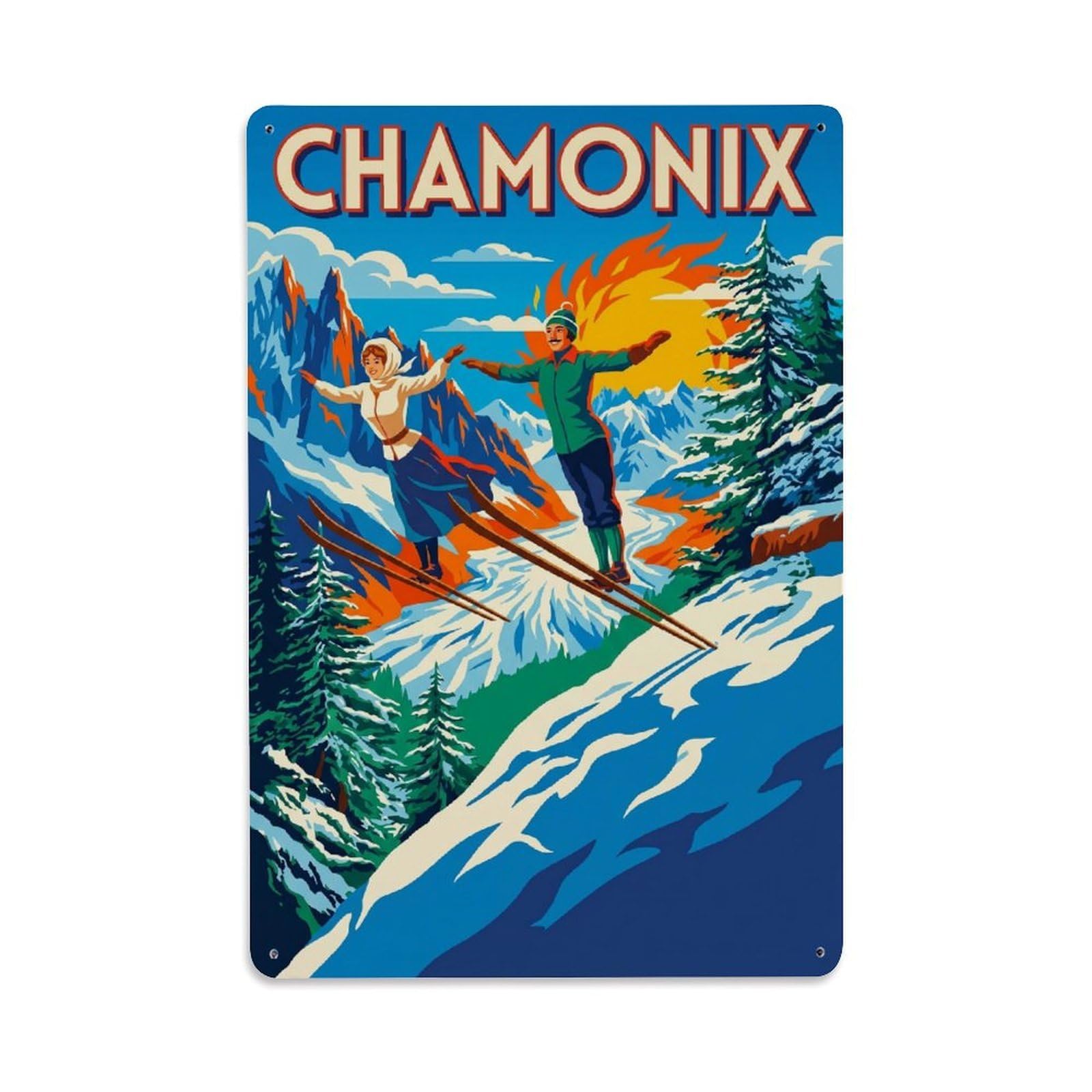 Olhnbad Style Graphic Chamonix France French Alps Alpine Travel Metal Tin Sign