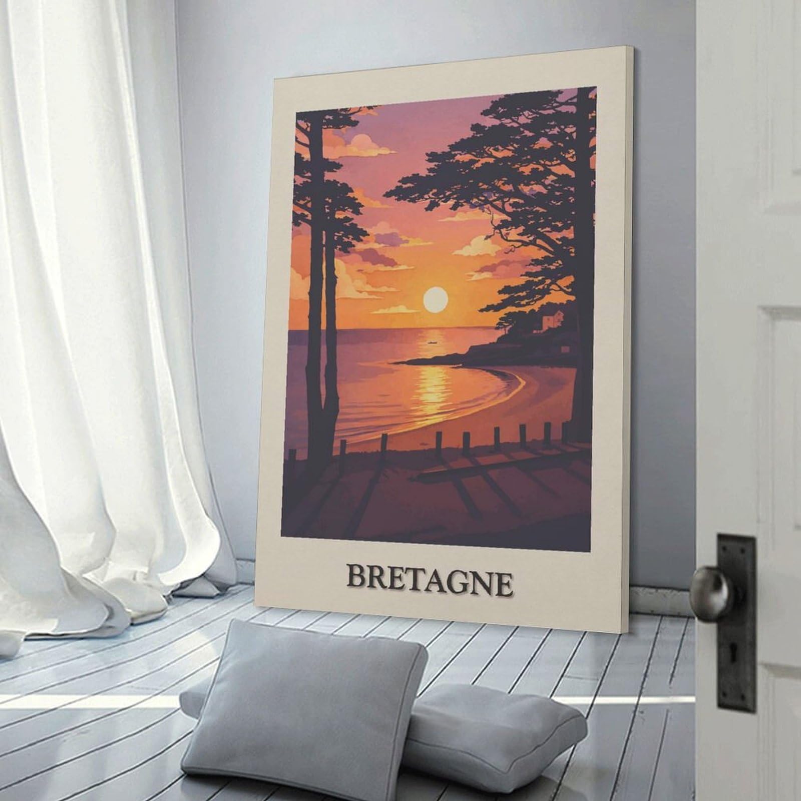Junmoney Bretagne Sunset Beach Landscape Art Wall Art Print, 20x30inch(50x75cm), for Study, Office Or Focused Interiors, Home Office Artwork with Decorative Appeal
