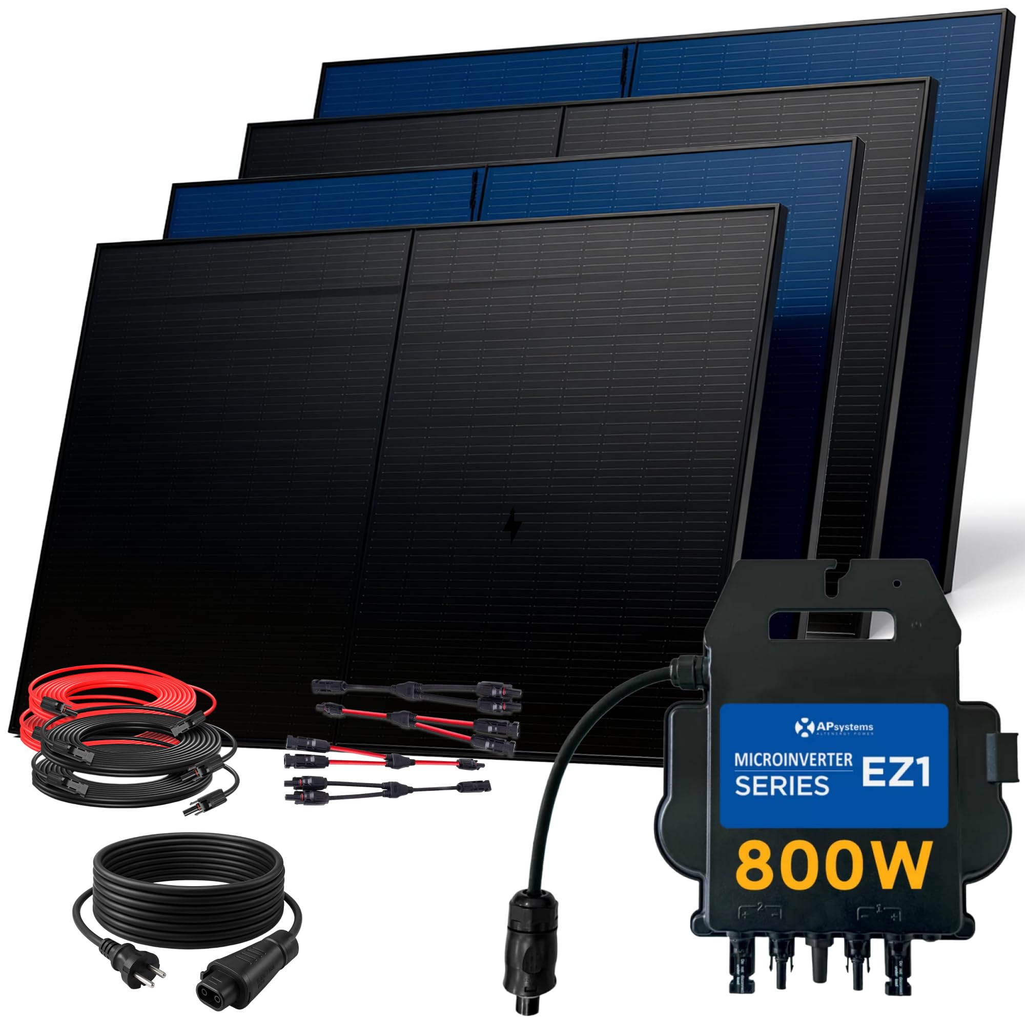 SUNNIVA® 2000W Balkonkraftwerk BIFAZIAL FULLBLACK komplett Steckdose AP Systems EZ1-M 800W Wechselrichter, Solaranlage Komplettset,4x 500W N Glas Bifacial Solarmodule,5m Kabel,4x 2.5m Solarkabel