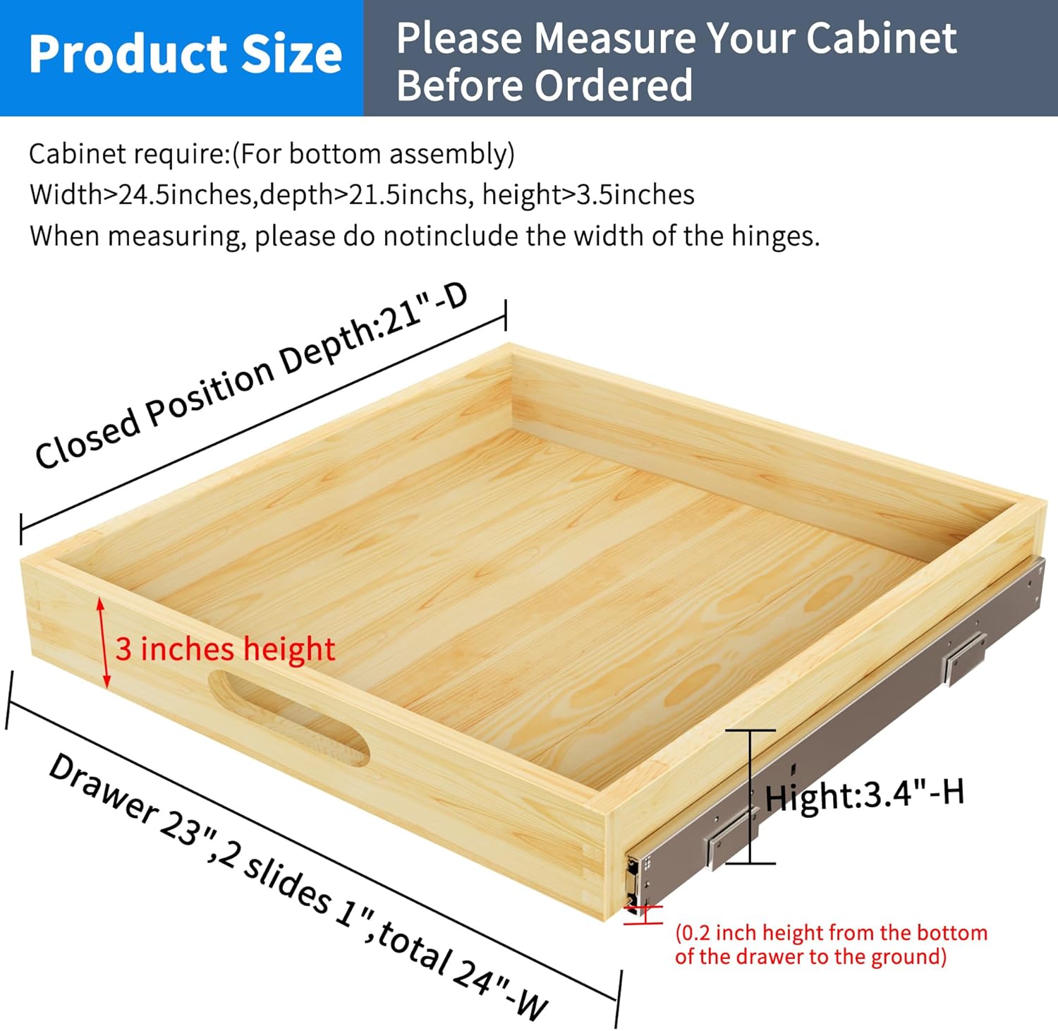 Pull Out Cabinet Organizer, 1PC 24” W x 21” D Soft Close Slide Out Wood Drawer Storage Shelves for Kitchen, Base Cabinet Organization for Pantry, Finished, Heavy-Duty, Bottom Assembly