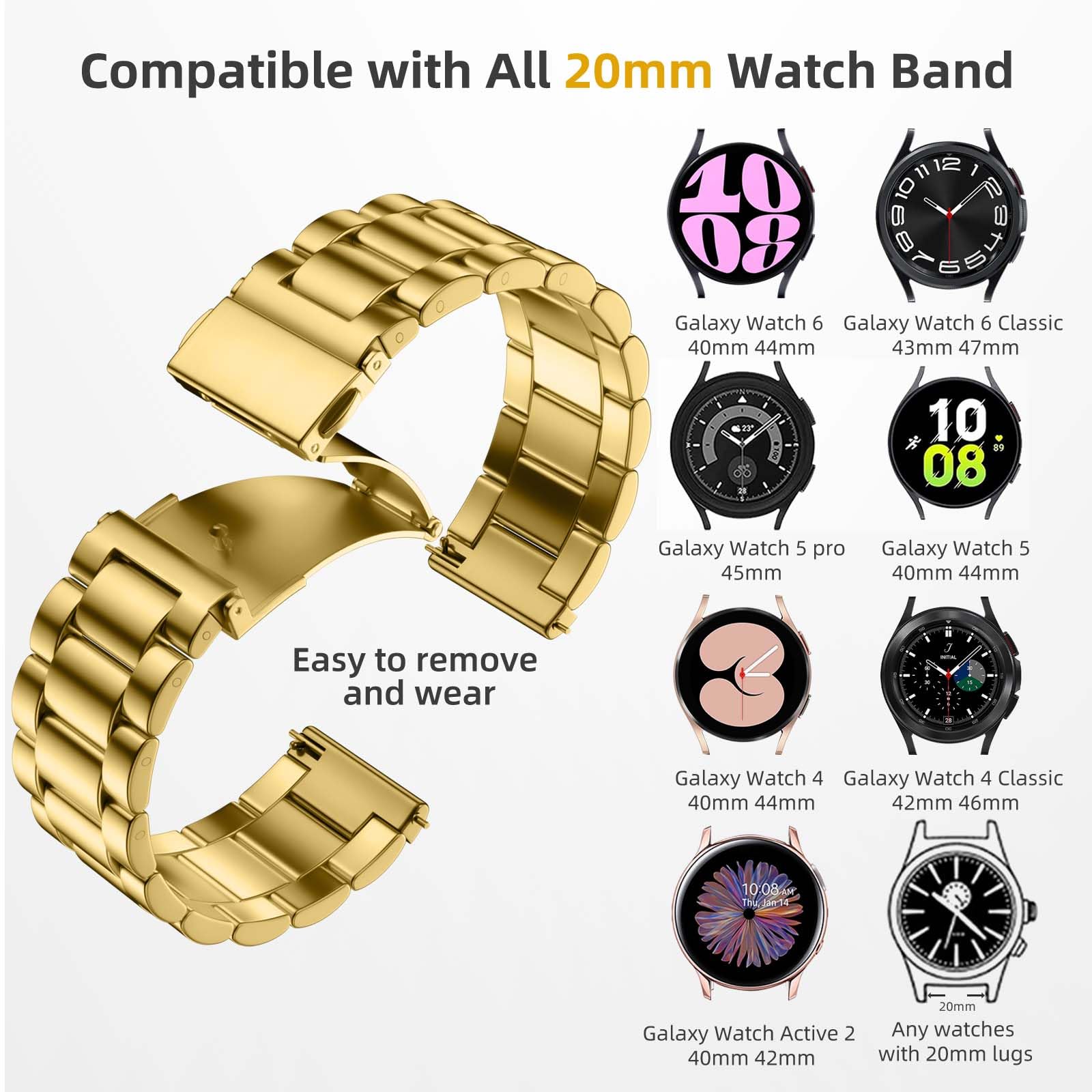 Lerobo Compatible with Samsung Galaxy Watch 7 6 5 4 40mm 44mm Band/Galaxy Watch 6 4 Classic 43mm 47mm 46mm 42mm Band/Active 2 40mm 44mm/Watch 3 41mm,20mm Stainless Steel Metal Replacement Men Women
