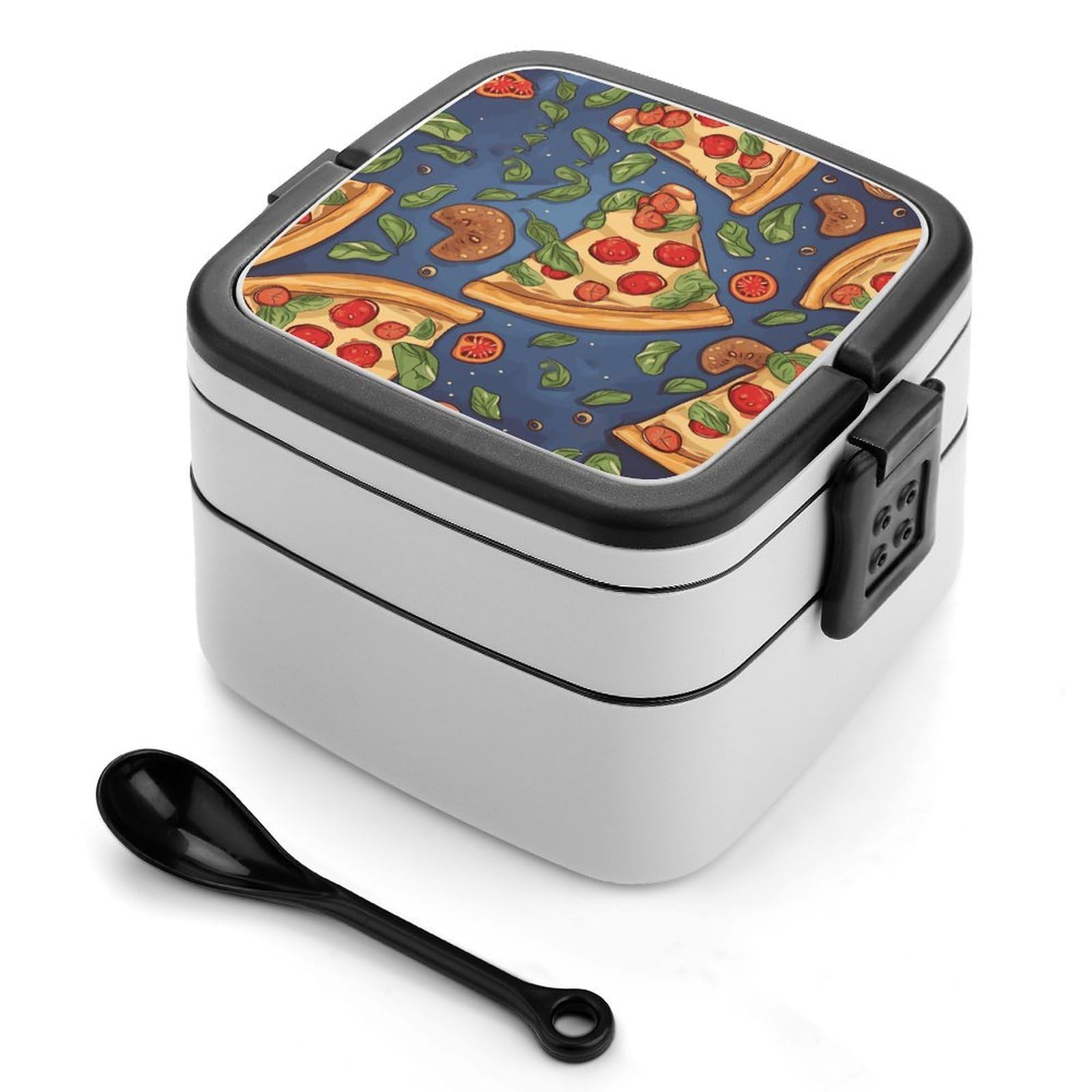 FekiLoot Pizza Bento Box Adult Lunch Box Sealed Bento Lunch Boxes with Spoon Sturdy Double Layer Bento Boxes Snap-on Design Leak Proof Lunch Containers Ideal for Work