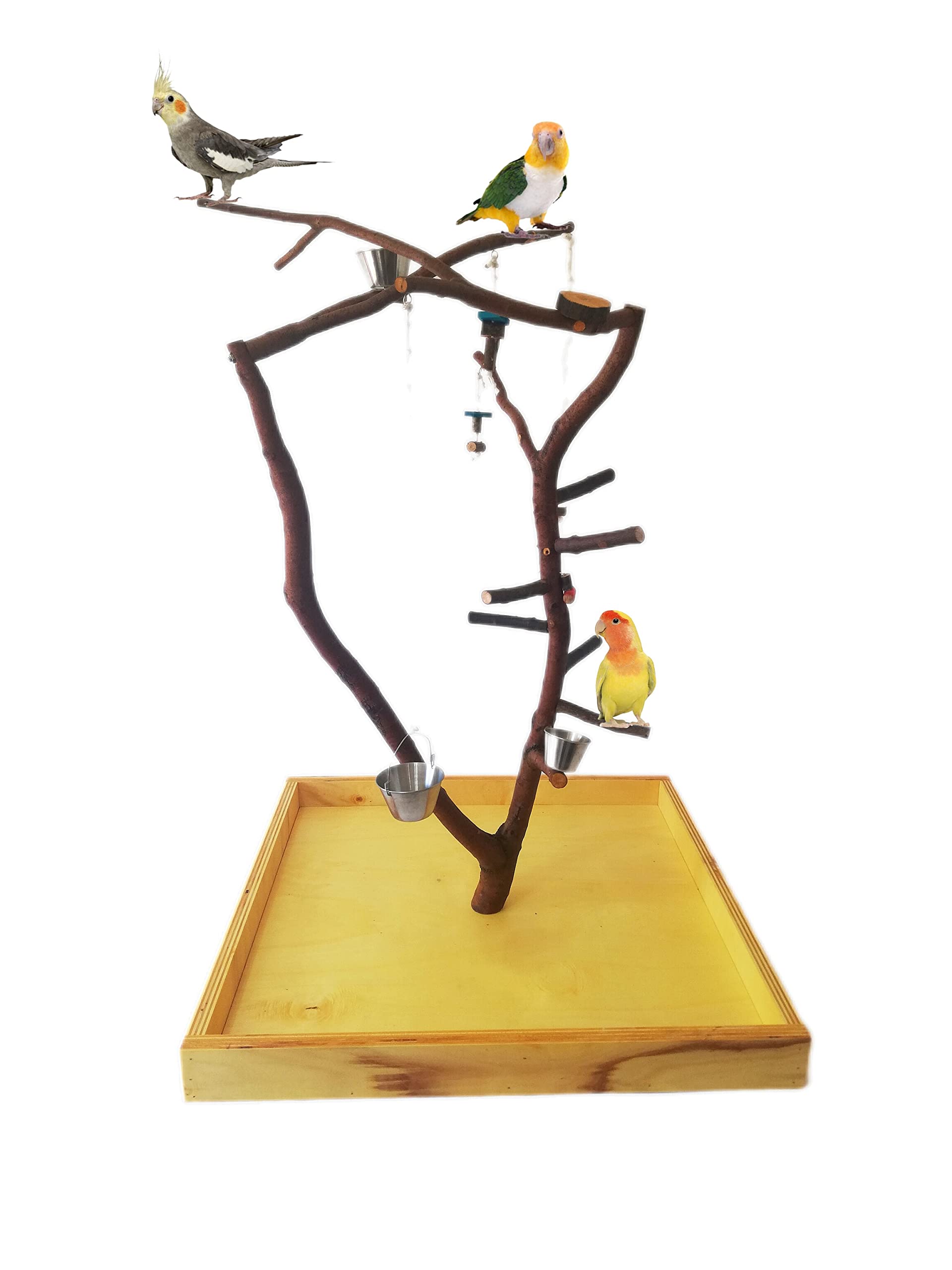 Árboles para loros agapornis, ninfas, caiques, cotorras, parque de juegos para pájaros, posadero de aves con su corteza natural, juguetes lima picos y antiestrés, base con ruedas, CALIDAD PREMIUM. (D)
