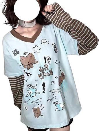 GGOOB Y2k Fake 2 Piece Cute Shirts Women Kawaii Cutecore Graphic Long Sleeve Top Teen Girls 2000s Preppy Aesthetic Clothing