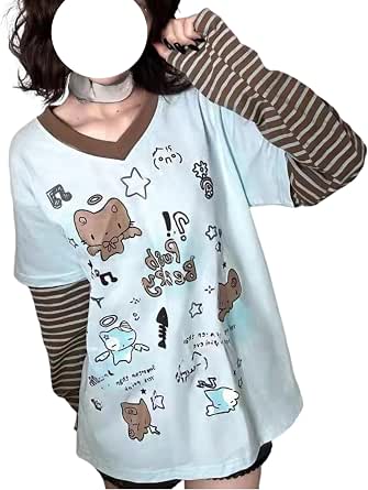 Y2K Fake 2 Piece Cute Shirts for Women, Kawaii, Long Sleeve Top, Preppy Aesthetic Clothing
