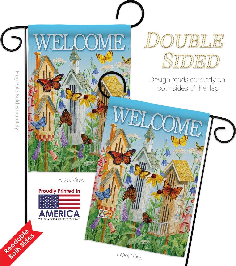 Welcome Butterfly Houses Garden Flag Set Wood Dowel Friends Ladybugs Dragonfly Bee Springtime Insect Natural Wildlife Small Decorative Gift Yard House Banner Double-Sided Made In USA 13 X 18.5