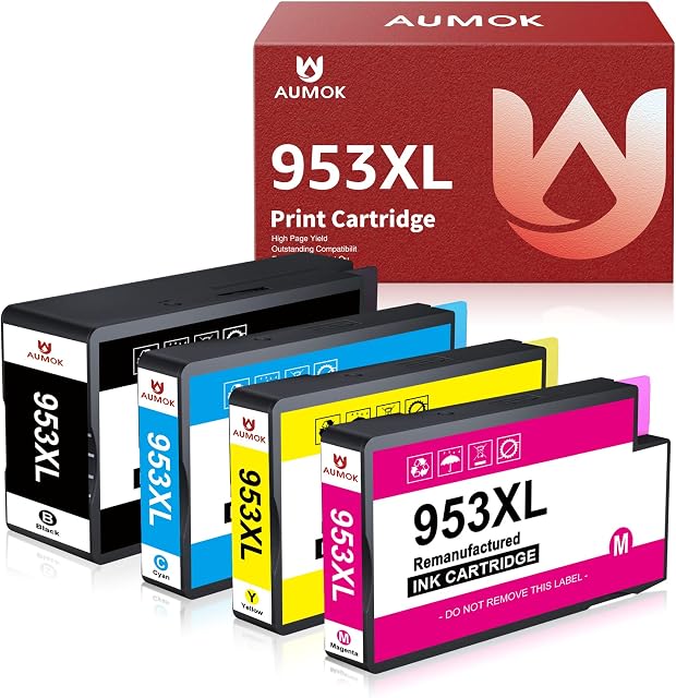AUMOK 953XL High Yield Remanufactured Ink Cartridges, Black/Cyan/Magenta/Yellow, Multipack Replacement for HP 953XL Compatible with Officejet Pro 7720 7730 7740 8210 8218 8710 8720 8725 8728 8730 8740