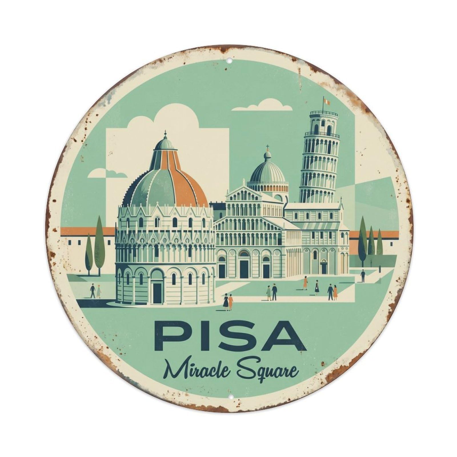 Fqcyn Style Vintage Travel Pisa Cathedral Italy Metal Tin Sign Plaque Wall Decor For Cafe, Club Bar, Office, Home Garden Round Metal Poster 8X8inch