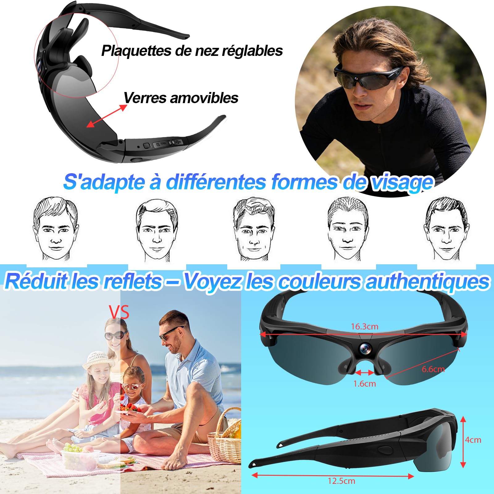 TANGMI Lunette Camera Sport 1080P HD Grand Angle 120° WiFi Enregistrement 2 Heures Cyclisme Ski Plein Air