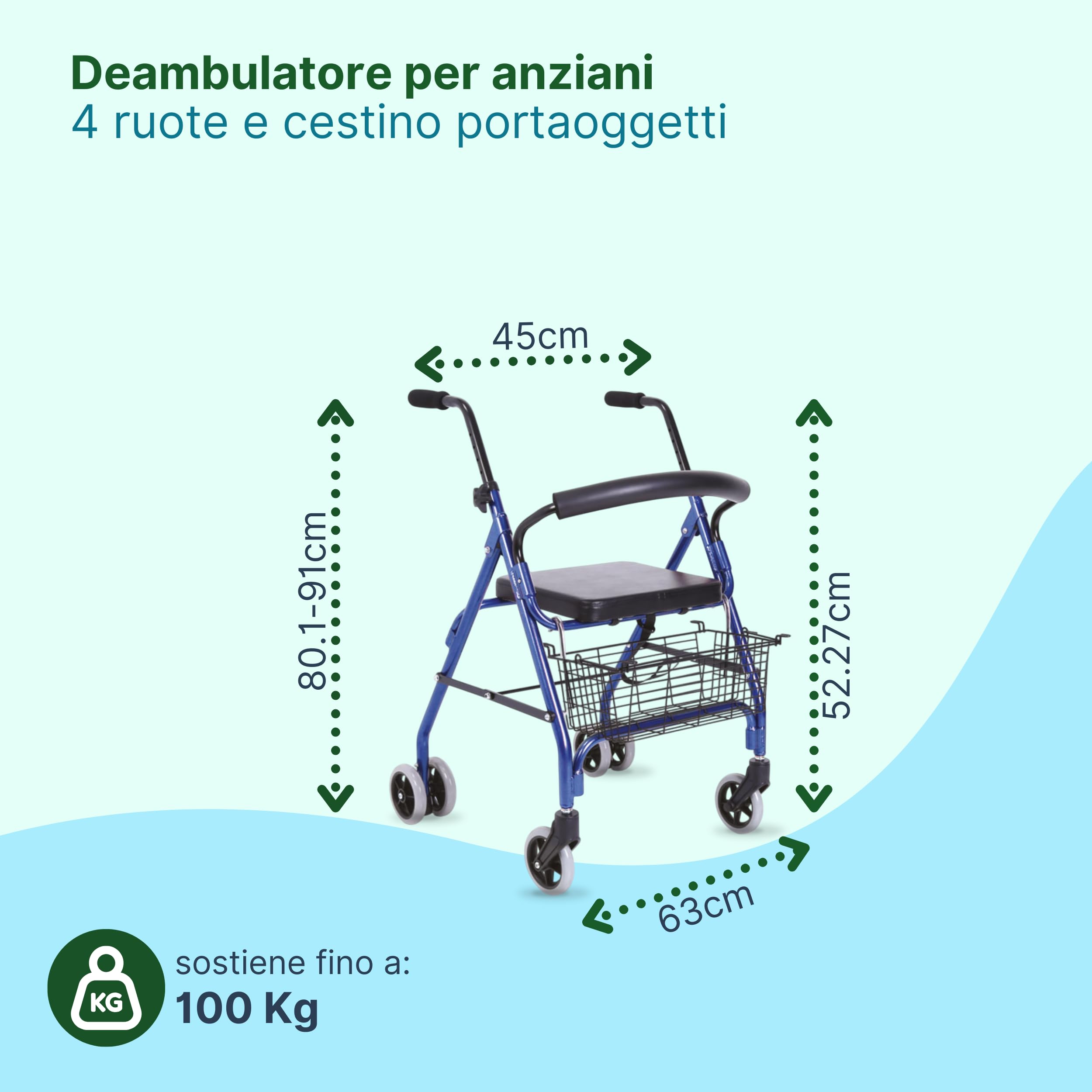 Rollator Deambulatore con Seduta per Anziani e Disabili con Freno a Pressione - Deambulatore per Anziani 4 Ruote Pieghevole con Cestino Porta Oggetti
