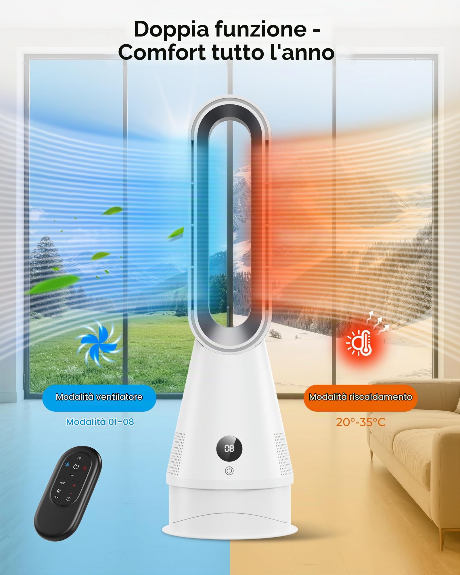 Termoventilatore a Torre 1600W Senza Pale - Telecomando, Silenzioso 30dB, Oscillazione 80°, Timer 9h, 3 Modalità Calore per Camera da Letto Soggiorno Ufficio